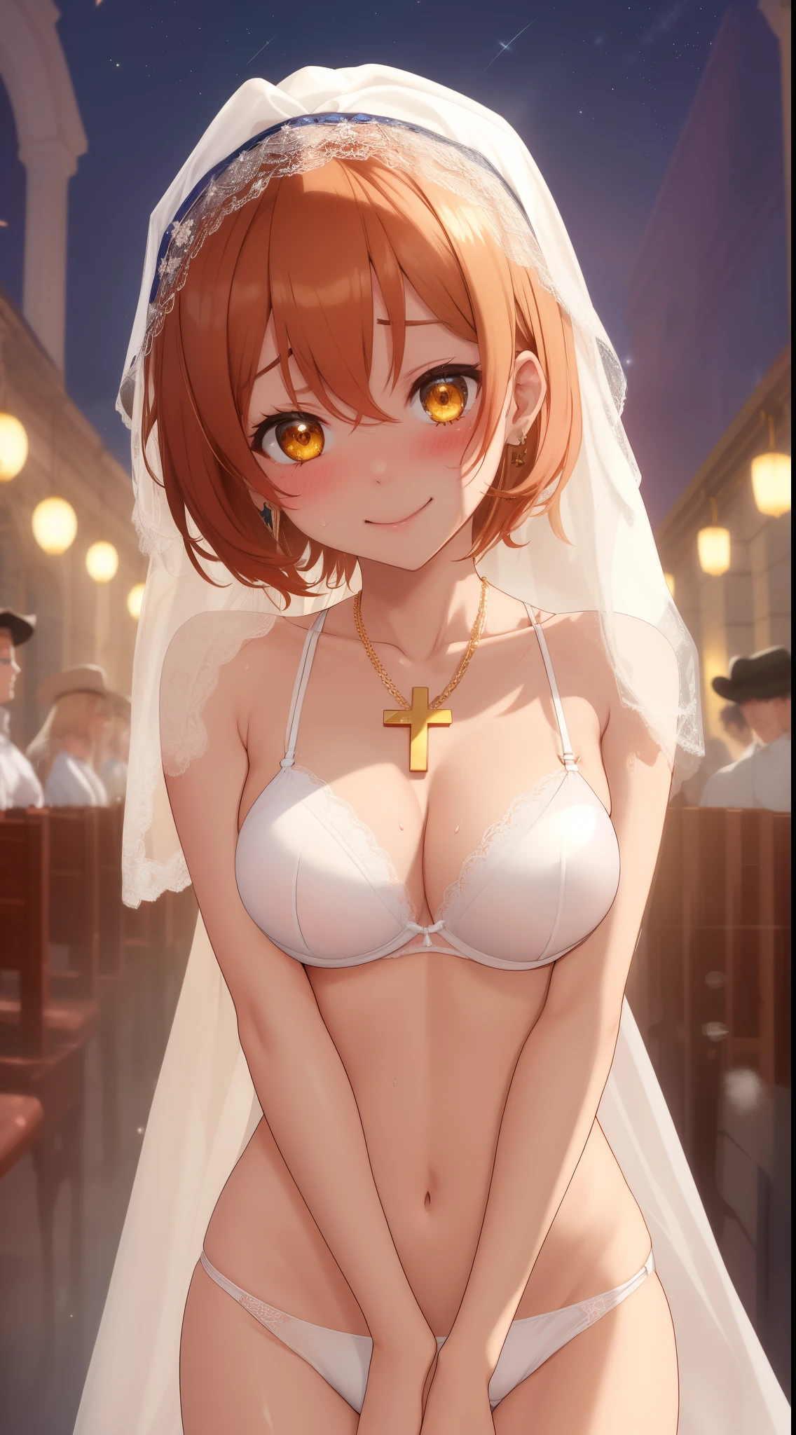 Masterpiece, sksrin,a beautiful urban female model, white transparent clothes under empty night stars, disappearing transparent bra, facial details, detailed body part details, 8k wallpaper, tight, looking at viewer, short hair, (Blushing:1.2), sweating, Hoshizora rin, gold, thong panties,moist, glowing eyes, cowboy shot, smile , church, veil, embarrassed,cross necklace, masturbating