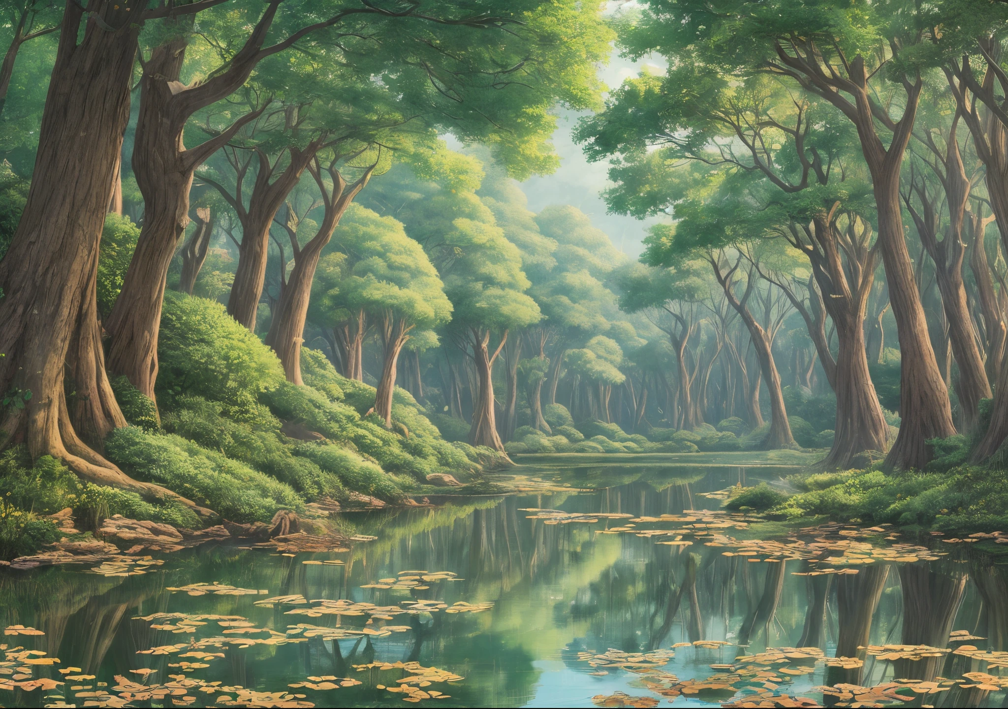 Ghibli animation, Miyazaki art, intricate details, highly detailed,a forest,a dense, trees,a small lake,8k resolution, cinematic --auto --s2