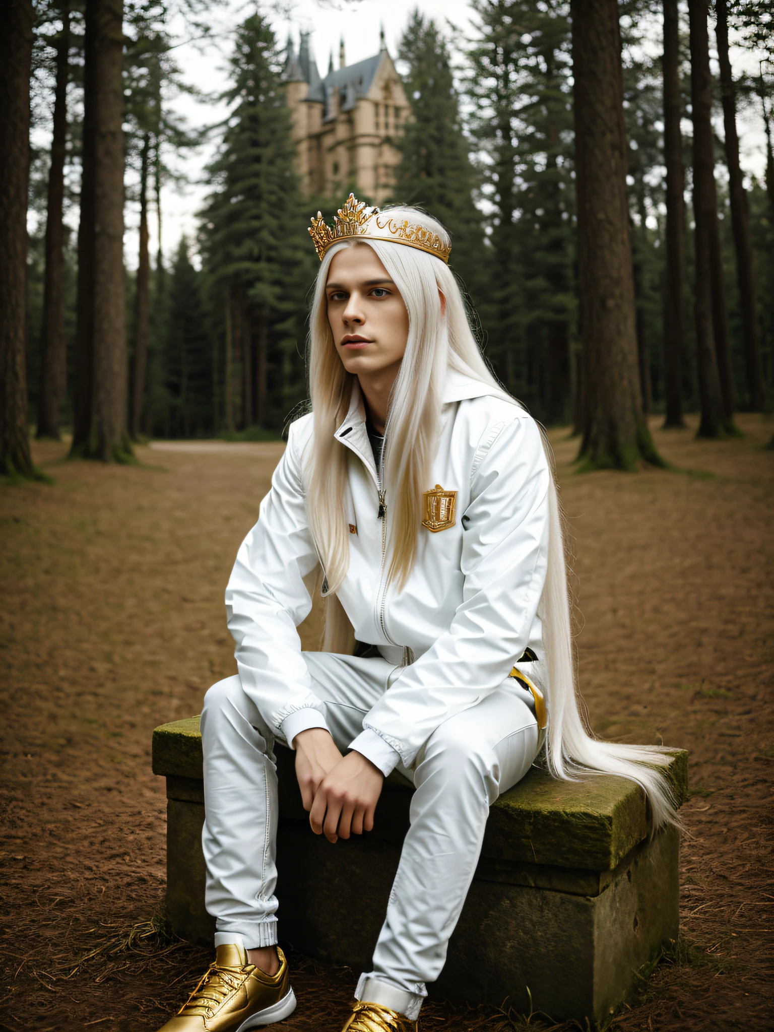 Skinny boy with long white hair, shiny hair, straightened hair, golden jacket, sitting in the middle of the woods, wearing a small crown, a castle in the background. Hyper realistic.