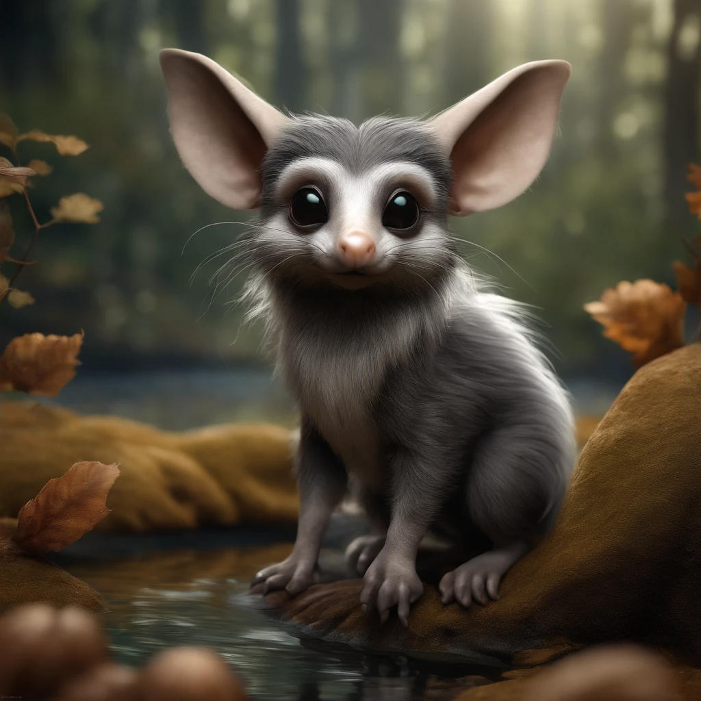 gremlin, mole-like, bright silver and brown, long tail, large ears, covered with silver wool, water, stands on the shore, Best Quality, Masterpiece, in style of dark fantasy art, gremlin, mole-like, bright silver and brown, long tail, double nose, huge ears, covered with silver fur,tousled, five toes on each paw, holding a huge acorn in his paws, I&#39;m standing in a forest clearing under the foliage of bast., acorns lie in the clearing, acorns glow, Crickets fly, Best Quality, Masterpiece, in style of dark fantasy art, in the style of fantasy, in the style of John Tolkien,