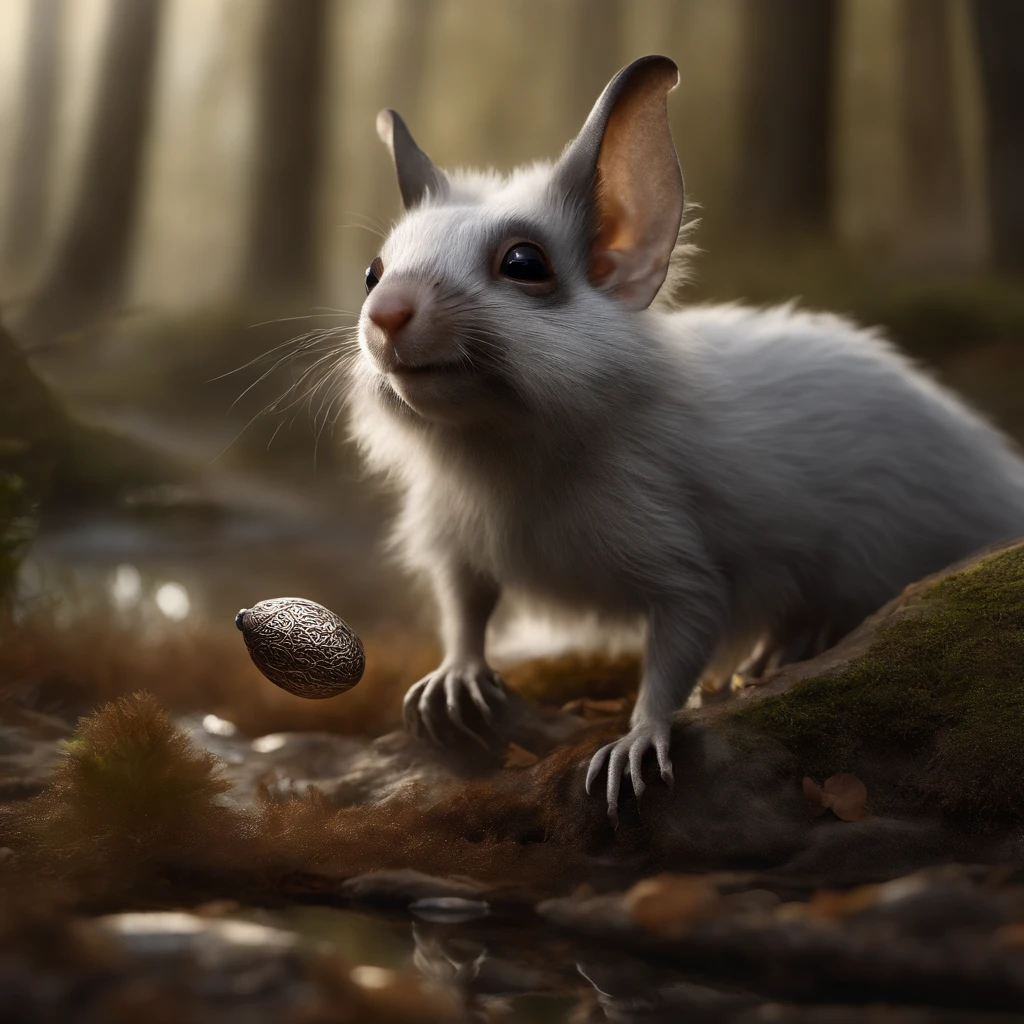 gremlin, mole-like, bright silver and brown, long tail, large ears, covered with silver wool, water, stands on the shore, Best Quality, Masterpiece, in style of dark fantasy art, gremlin, mole-like, bright silver and brown, long tail, double nose, huge ears, covered with silver fur,tousled, five toes on each paw, holding a huge acorn in his paws, I'm standing in a forest clearing under the foliage of bast., acorns lie in the clearing, acorns glow, Crickets fly, Best Quality, Masterpiece, in style of dark fantasy art, in the style of fantasy, in the style of John Tolkien,
