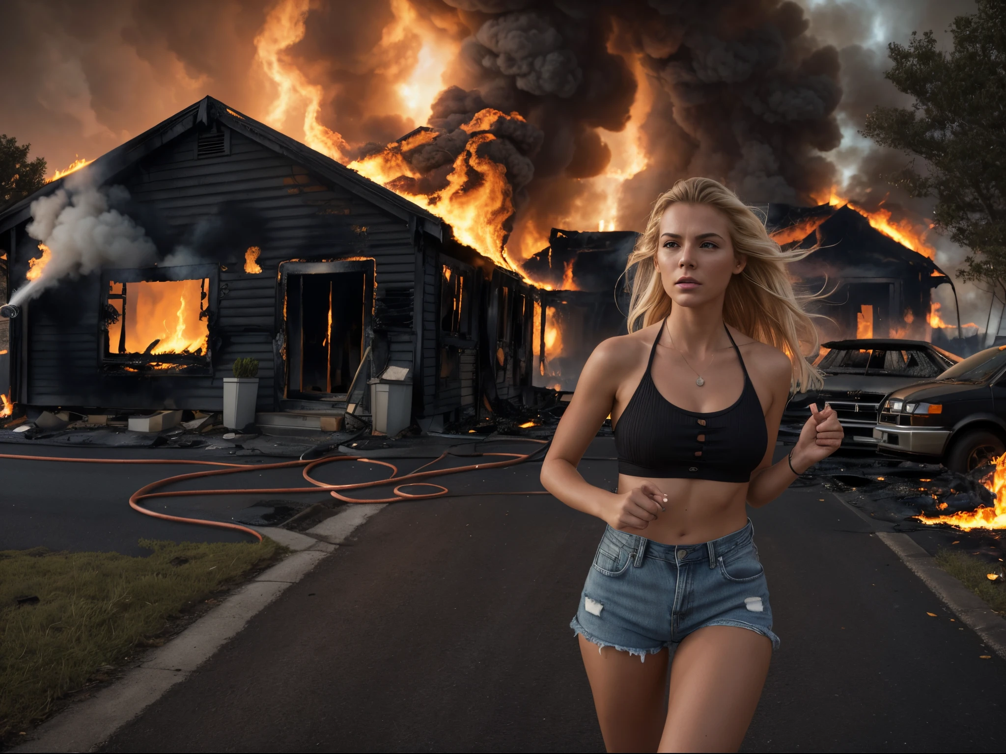 full shot, blonde woman, aged 25, frightened, panic), running down a sidewalk on a suburban street, wearing denim shorts and a halter top, a (((burning home))), (((house on fire))), (smoke), trees, sharp detail, shocked expression, dark stormy sky, sun breaking through the clouds, ethereal lighting, dramatic, composition, epic scale, sense of awe, ultra-high res.photorealistic:.1.4, (high detailed skin:1.2), 8k uhd, dslr, high quality, film grain, Fujifilm XT3