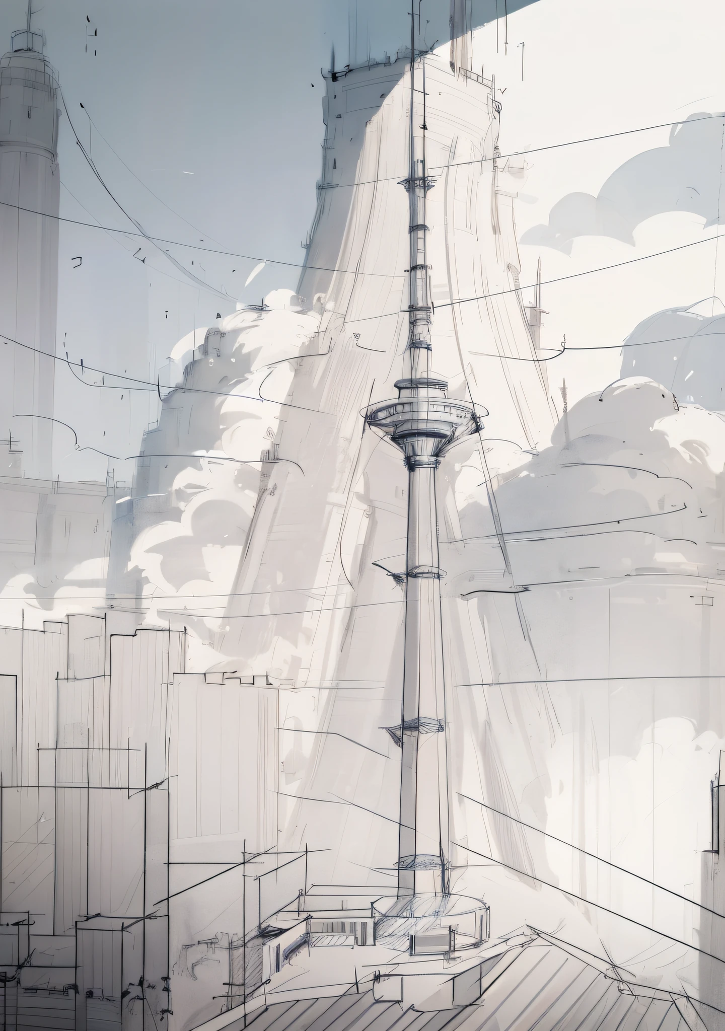 draw a tall tower，There is a clock at the top, towering over a city, ligne, digital sketch, detailed but rough, concept sketches, tower, Anime city line drawing, conceptual drawing, sketching, ligne!!, conceptual drawing, digital drawing, Sketch illustration, There are towers, outline sketch, wip, Concept art sketch, low res