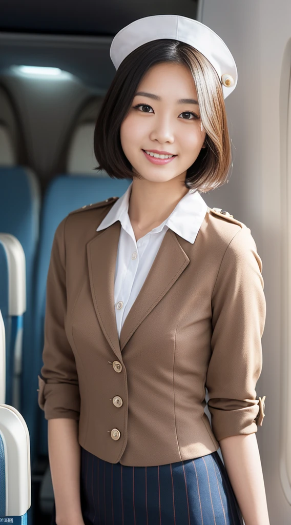 1Japanese woman, Solo, 30-years old, (neat and clean:1.3), (Cabin Attendant Uniform:1.3), Modest smile, fluffy brown eyes, Beautiful face, Black short hair, (Detailed face), Detailed lips, Detailed face, Detailed chest, detail, Perfect body, Standing, Cowboy Shot, ((Background: in an airplane)), 8K, of the highest quality, Intricate details, Ultra Detail, Ultra High Resolution, (masterpiece),