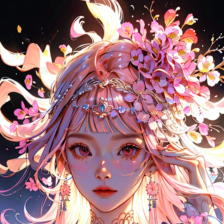 (masutepiece:1.2, Best Quality), (realphoto, Intricate details),1 18 year old girl, Solo, Duan,Flowers, Dress, (Front Focus), Large round earrings , Jewelry, Who is looking for, Slightly wavy hair, Long hair, Pink hair, Layered hair, Heart lips, large round eyes, Thin, slim
