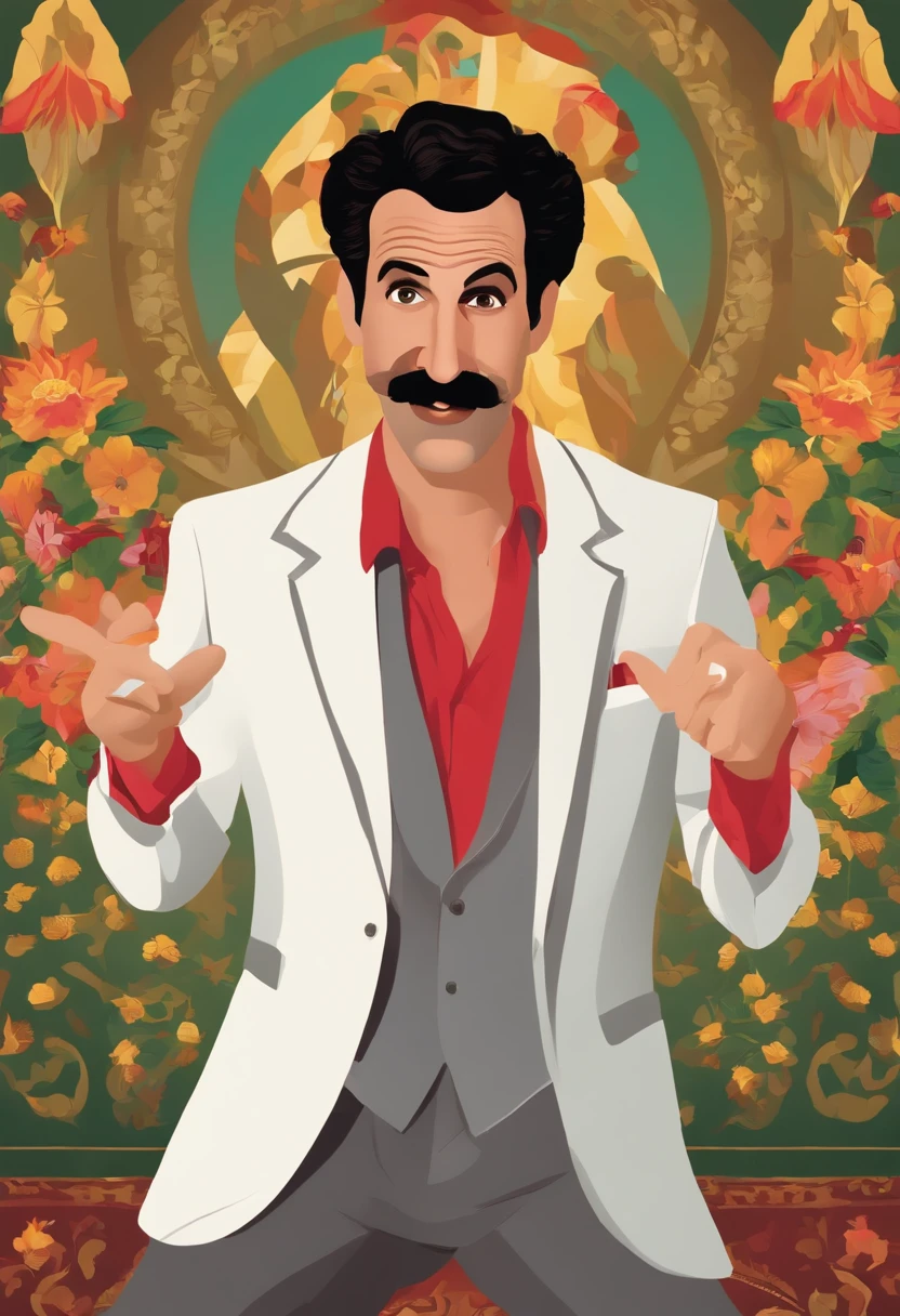 An image of Borat dressed as a salsa dancer, showcasing his fiery dance moves on the dance floor.,original,His appearance is marked by a distinctive mustache, a suit of gray or brown, and often a bright green thong swimsuit. He exhibits a strong Kazakhstani accent, and his humor derives from his outrageous statements and actions, which often satirize society’s stereotypes and cultural norms. Despite his outlandish persona, the character is meant to challenge viewers by exposing prejudices and hypocrisies in a comedic way., male