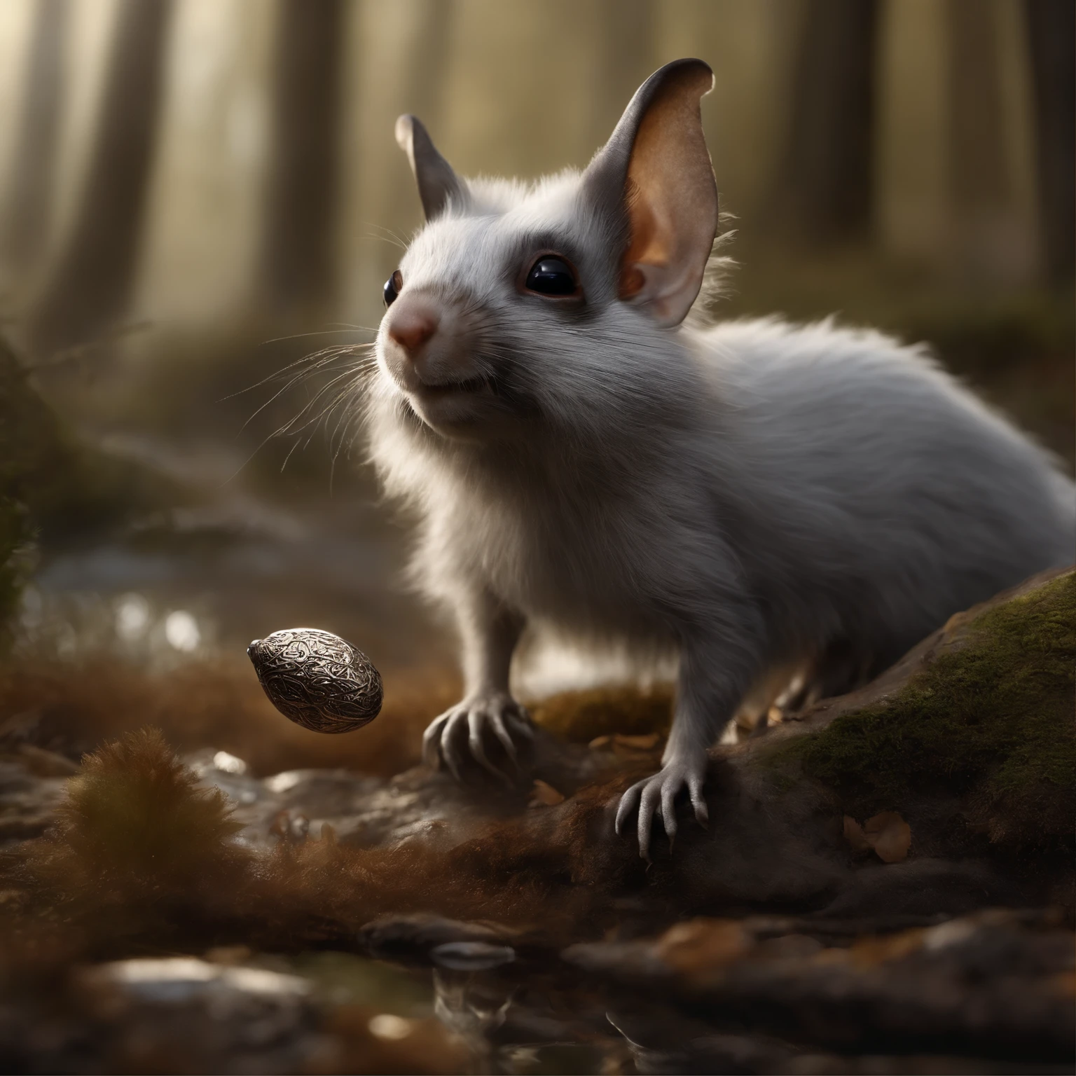 gremlin, mole-like, bright silver and brown, long tail, large ears, covered with silver wool, water, stands on the shore, Best Quality, Masterpiece, in style of dark fantasy art, gremlin, mole-like, bright silver and brown, long tail, double nose, huge ears, covered with silver fur,tousled, five toes on each paw, holding a huge acorn in his paws, I'm standing in a forest clearing under the foliage of bast., acorns lie in the clearing, acorns glow, Crickets fly, Best Quality, Masterpiece, in style of dark fantasy art, in the style of fantasy, in the style of John Tolkien,