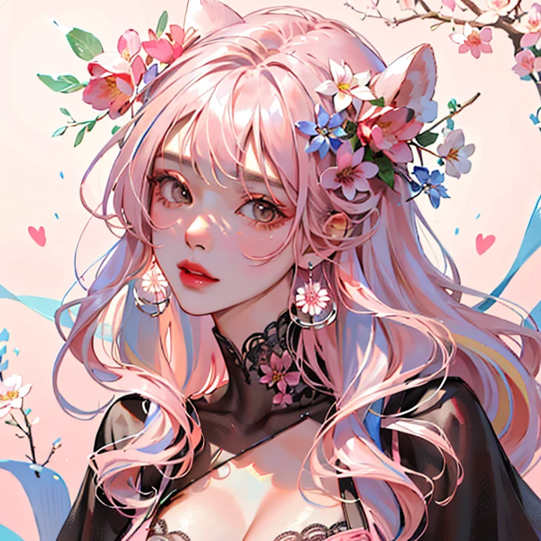 (masutepiece:1.2, Best Quality), (realphoto, Intricate details),1 18 year old girl, Solo, Duan,Flowers, Dress, (Front Focus), Large round earrings , Jewelry, Who is looking for, Slightly wavy hair, Long hair, Pink hair, Layered hair, Heart lips, large round eyes, Thin, slim