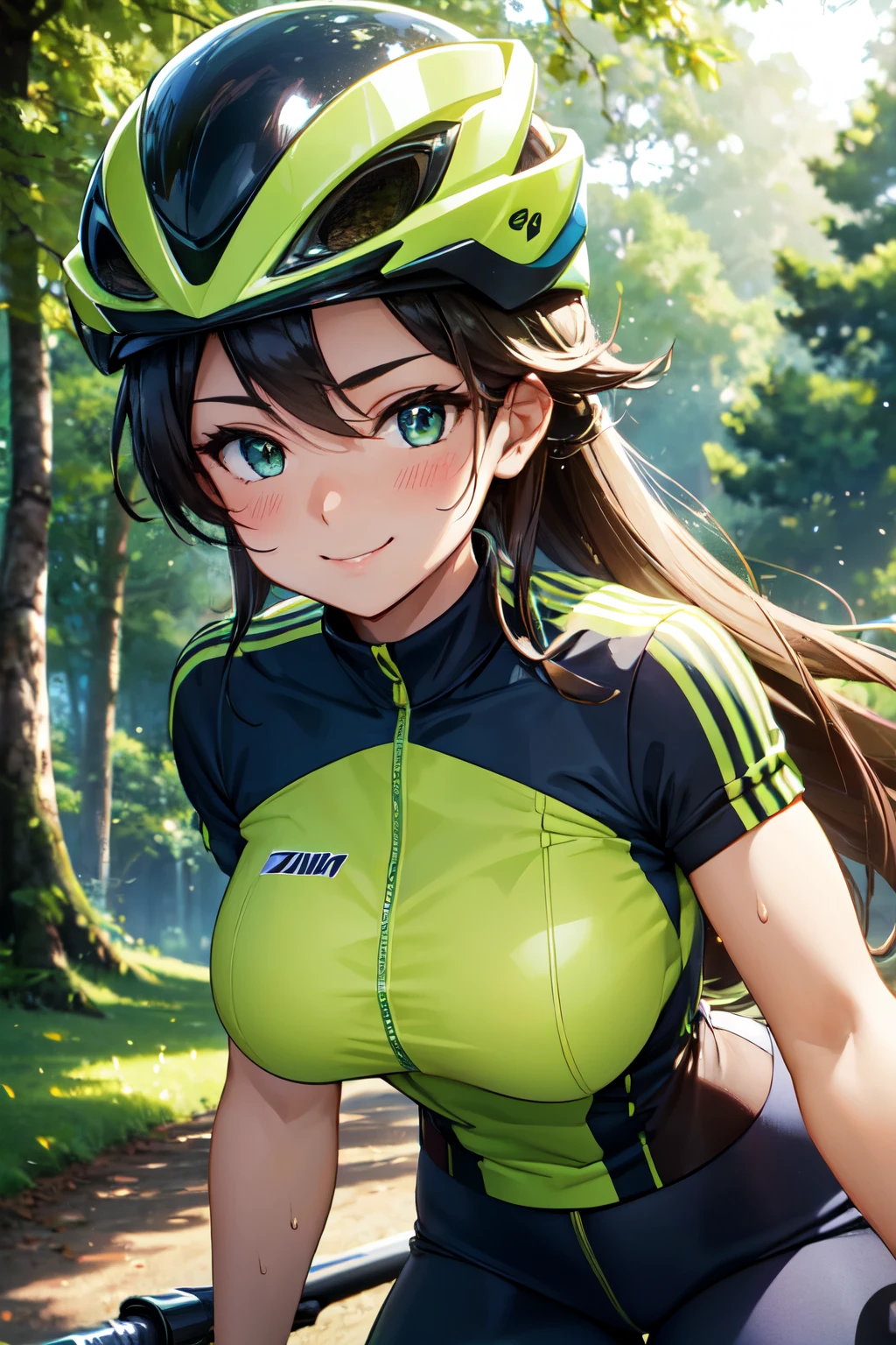 (High quality, High resolution, Fine details), Realistic, woman in cycle wear, athletic body, strong, toned muscles, confident smile, windblown hair, lush green fields, rolling hills, tall trees with shimmering leaves, the warm golden sunlight casting a soft glow on her, dynamic composition, depicting motion and energy, striking color palette of vibrant blues and greens, sporty outfit with sleek lines and bold colors, Bicycle Helmet, solo, curvy women, sparkling eyes, (Detailed eyes), (smile), blush, (Sweat), (Oily skin), shallow depth of field