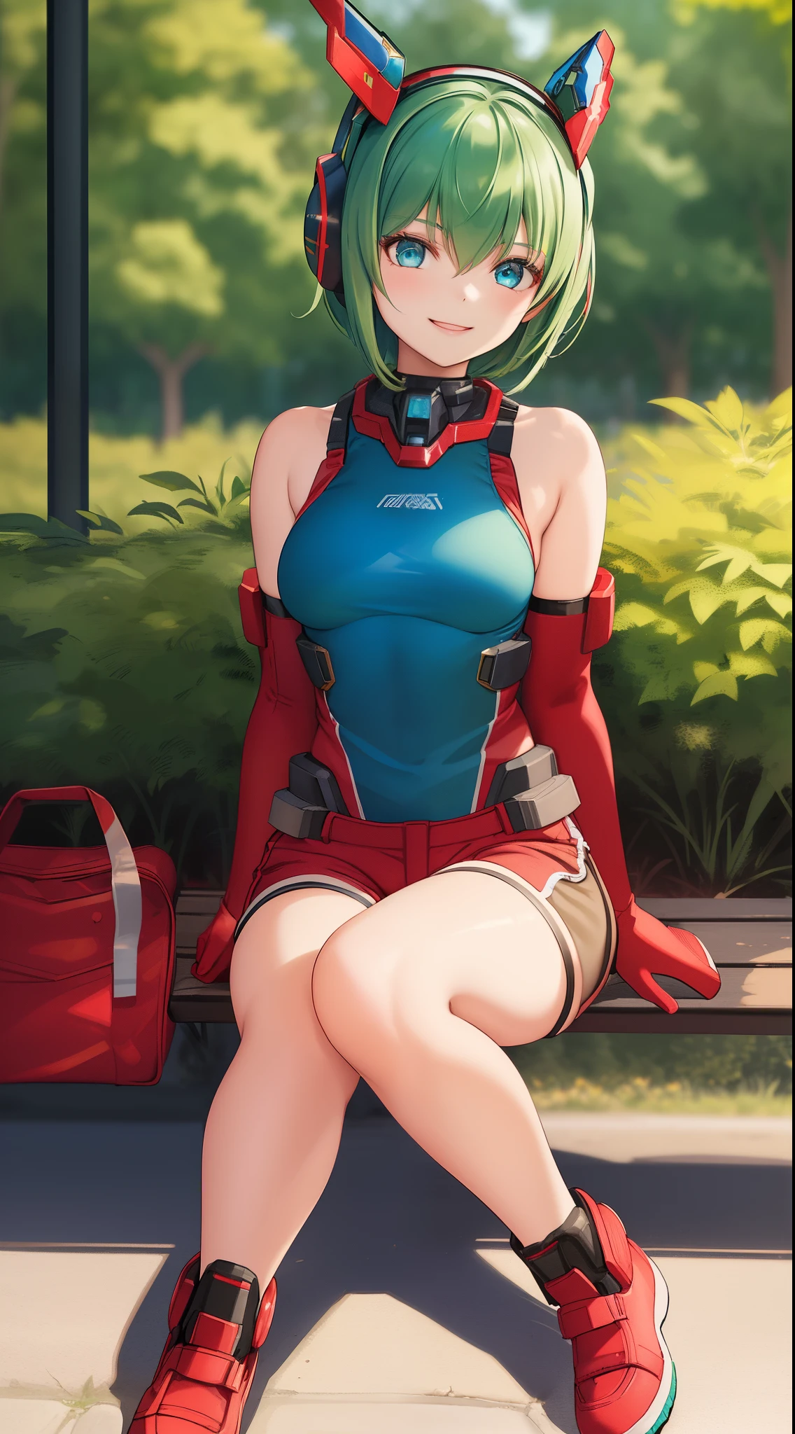 1 girl, 16 years old, mecha headgear, short hair, green hair, blue eyes, small breasts, red tank top, demin shorts, elbow gloves, cute girl, smiling, realistic, red shoes, in the park, full body in frame, sitting in a bench, beautiful girl