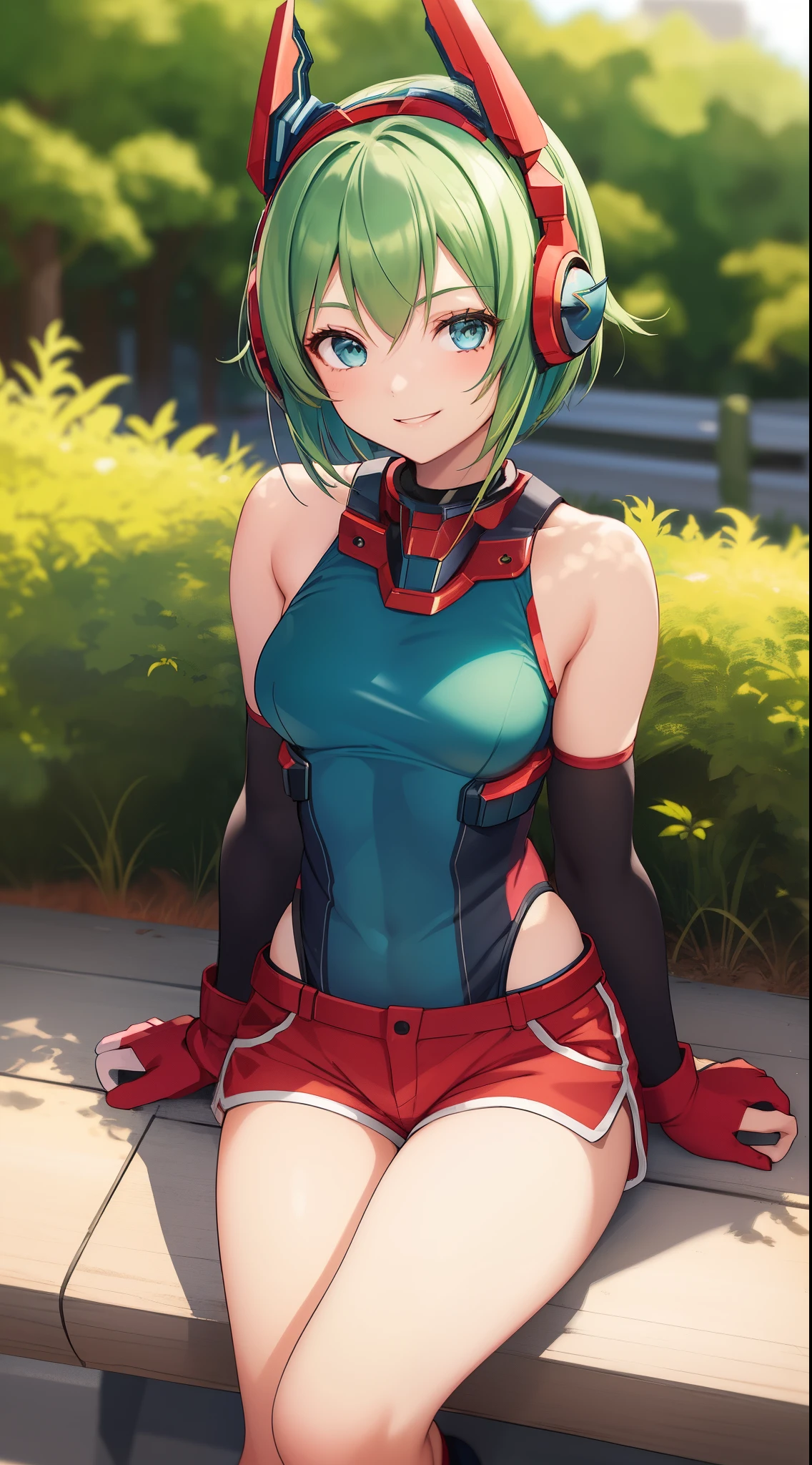 1 girl, ************, mecha headgear, short hair, green hair, blue eyes, small breasts, red tank top, demin shorts, elbow gloves, cute girl, smiling, realistic, red shoes, in the park, full body in frame, sitting in a bench, beautiful girl