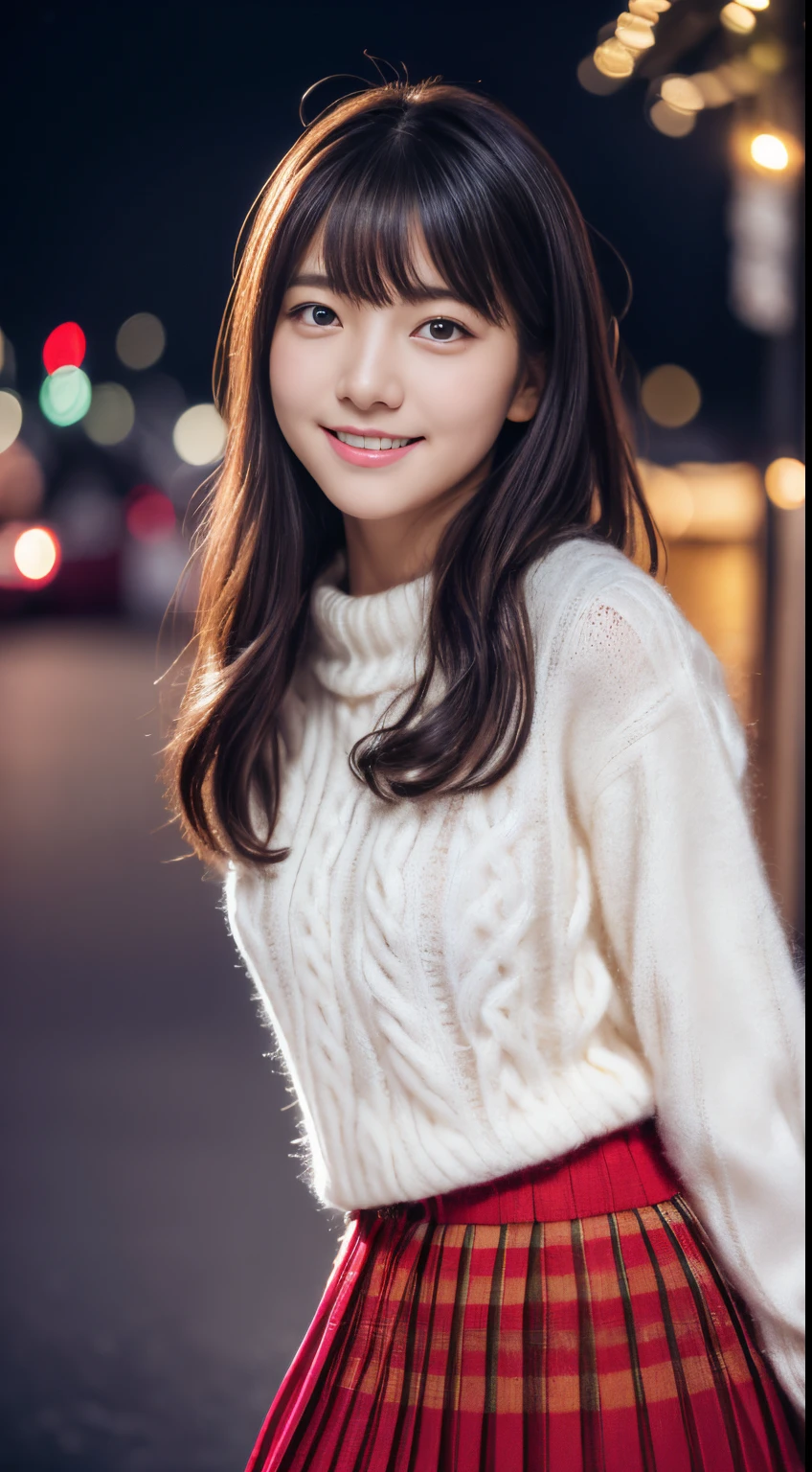 1girl in, sixteen years old、Gravure model for Japan, (cute little, a beauty girl,profile:1.2), Modest big,  𝓡𝓸𝓶𝓪𝓷𝓽𝓲𝓬,(Beautiful Christmas night view and snow:1.2), (Looking up at the big Christmas tree:1.5)、(wearing a fluffy white wool sweater:1.2), (Beautiful night with Christmas illuminations:1.2),  red scarf, (Red pleated skirt),   A dark-haired、Lost in thought with a happy expression、 Best Quality, hight resolution, Detailed skin, Detailed face and eyes, Hi-Res, Natural lighting, Perfect Anatomy, Physically-based rendering, Photorealistic, symmetric clear eyes, Beautiful and well-groomed face,age girl, Perfect figure, Transparency, hposing Gravure Idol,