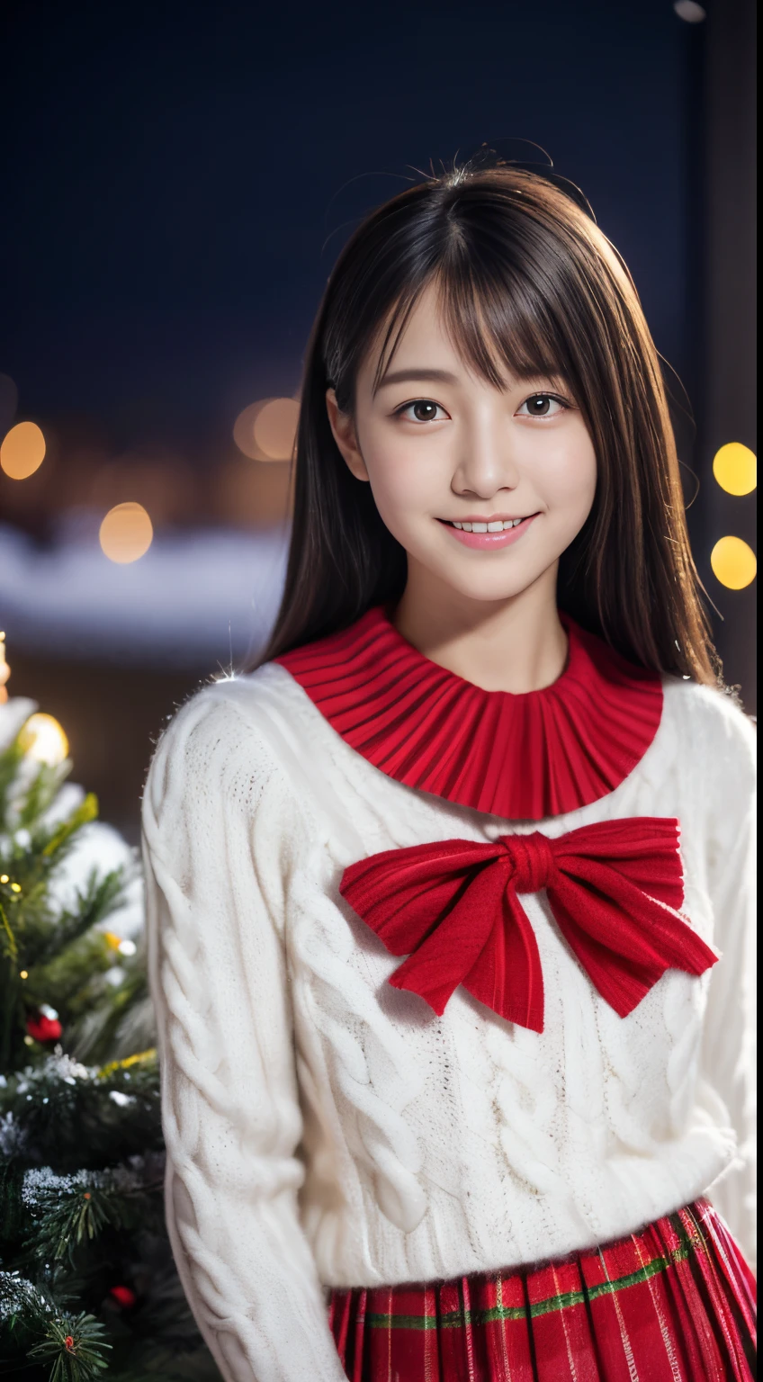 1girl in, (17 age),Japan gravure models, (cute like an idol:1.2), a beauty girl, discreet breasts, Clean facial skin, shyly smile, Unclear, Pink muffler:1.3), (fluffy white wool sweater、Red checked pleated skirt:1.5),full body Esbian、 (beautiful snowy christmas tree、city illumination:1.5), (Dynamic Angle, Dynamic Pose:1.0), BREAK masterpiece, Best Quality, hight resolution, Detailed skin, Detailed, Detailed face and eyes, Hi-Res, Natural lighting, Perfect Anatomy, Physically-based rendering, Photorealistic, symmetric clear eyes, Well-groomed face,Teenage girl, Perfect figure, Transparency, hposing Gravure Idol,