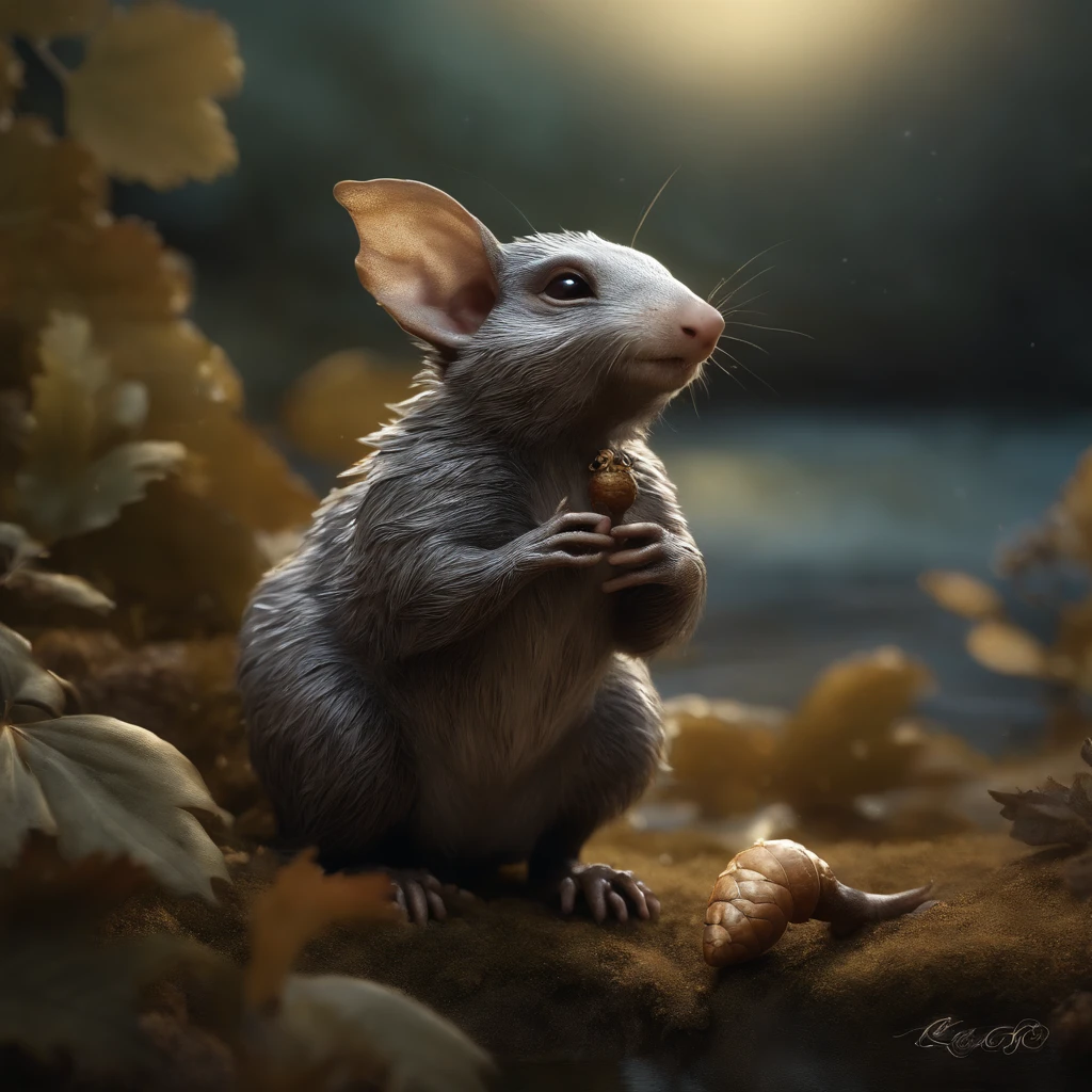 gremlin, mole-like, bright silver and brown, long tail, large ears, covered with silver fur, water, stands on the shore, Best Quality, Masterpiece, in style of dark fantasy art, gremlin, mole-like, holding a huge acorn in his paws, bright silver and brown, long tail, elongated nose, huge ears, covered with silver fur,tousled, five toes on each paw, holding a huge acorn in his paws, I'm standing in a forest clearing under the foliage of bast., acorns lie in the clearing, acorns glow, Crickets fly, Best Quality, Masterpiece, in style of dark fantasy art, fantasy-inspired, in the style of John Tolkien, (CBZBB:1.25), ((gremlin),Zhkute, Small, baby, Beautiful, Fantasy art, deviant art, trending artstation, Digital Art, Detailed, Realistic, humanoid, character, tiny, Cinematic shot, cinematic portrait of a mole