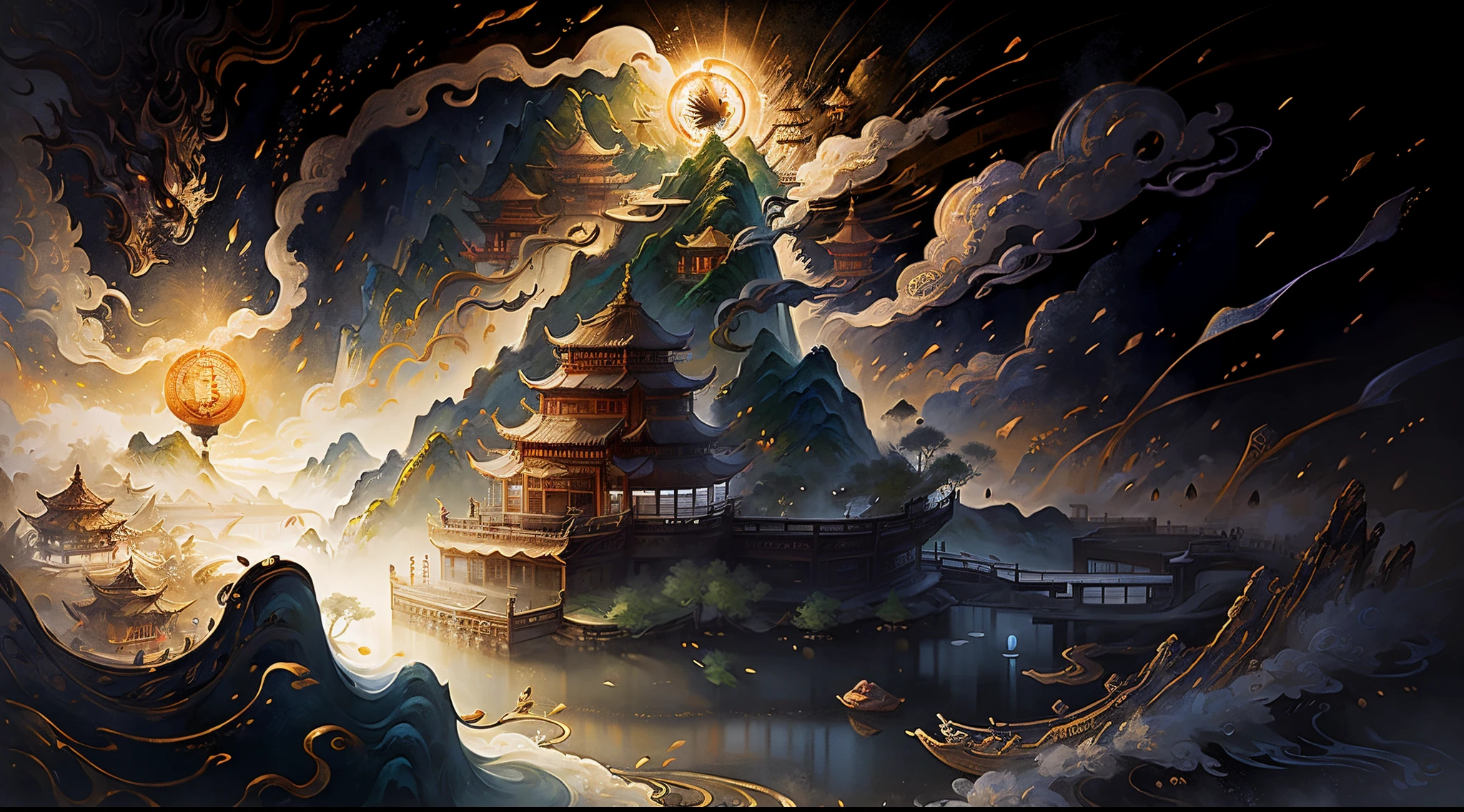 chinese wind mountains, river, auspicious clouds, pavilions, sunlight, masterpiece, super detail, epic composition, ultra hd, high quality, extremely detailed, official art, unified 8k wallpaper, super detail, 32k,((image of Bitcoin in middle))