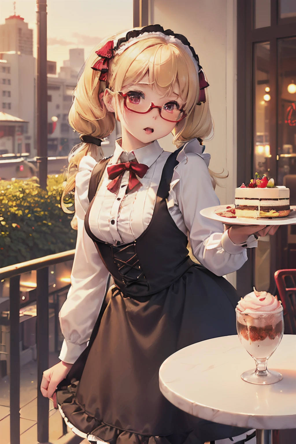 promo photo, (((The location is the terrace of a coffee shop.))), 1 girl, (((Waitress carrying cake to table))), Gentle face, (((Gothic Lolita half costume and maid costume with strawberry image))), Clothes based on white,,(((Petite girl with blonde twin tails))),(((kawaii pose))),(((kawaii pose))),(((red blush))),(((Cute voice))),Glasses,