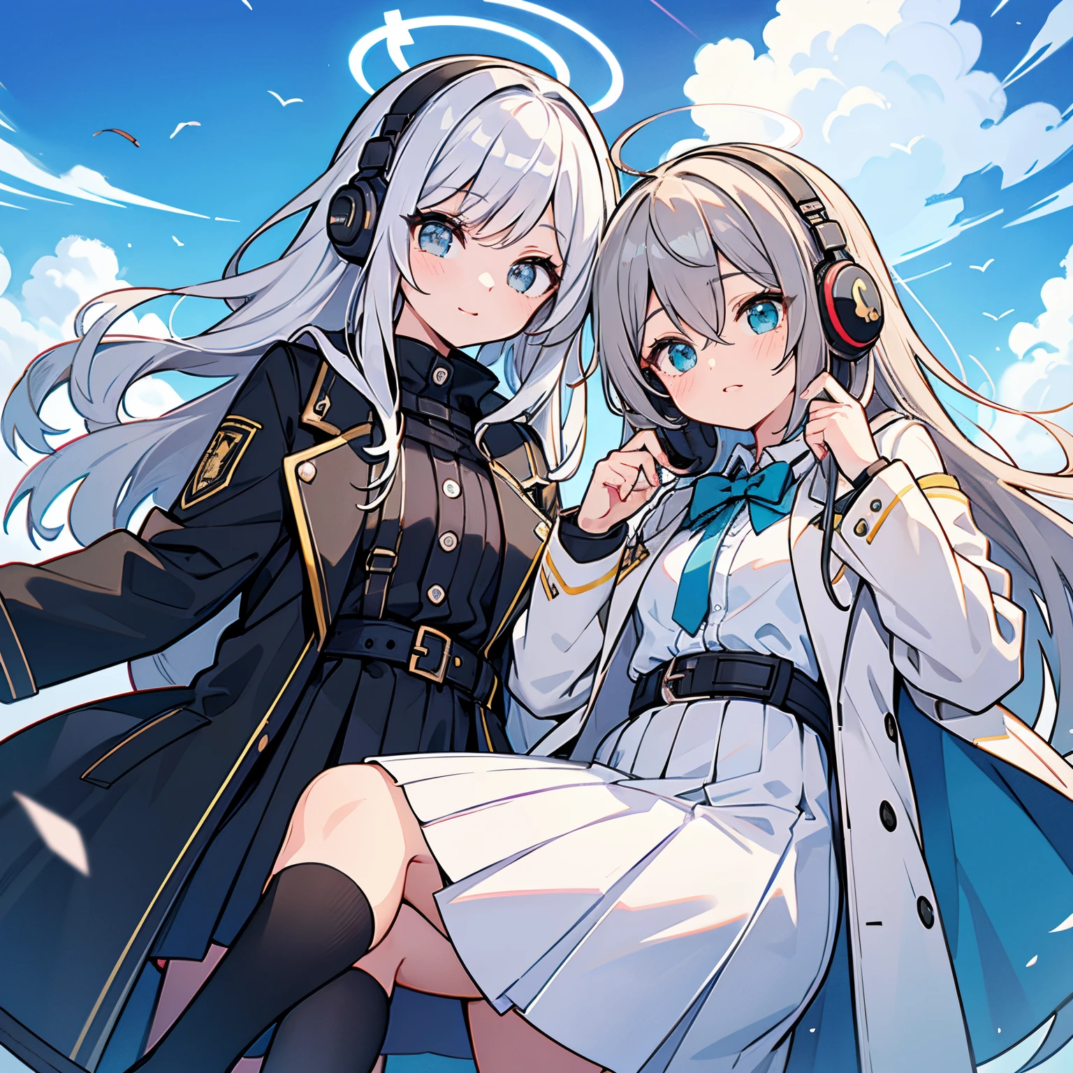 Best quality at best, A high resolution, ultra - detailed, actual:1.37, A detailed eye, detailed lips, Long eyelashes, okeh, full bodyesbian, with headphones on, White and black trench coat, Long messy gray hair, pleatedskirt, The left eye is blue, Green right eye, There is a halo above the head, sky blue archive art style