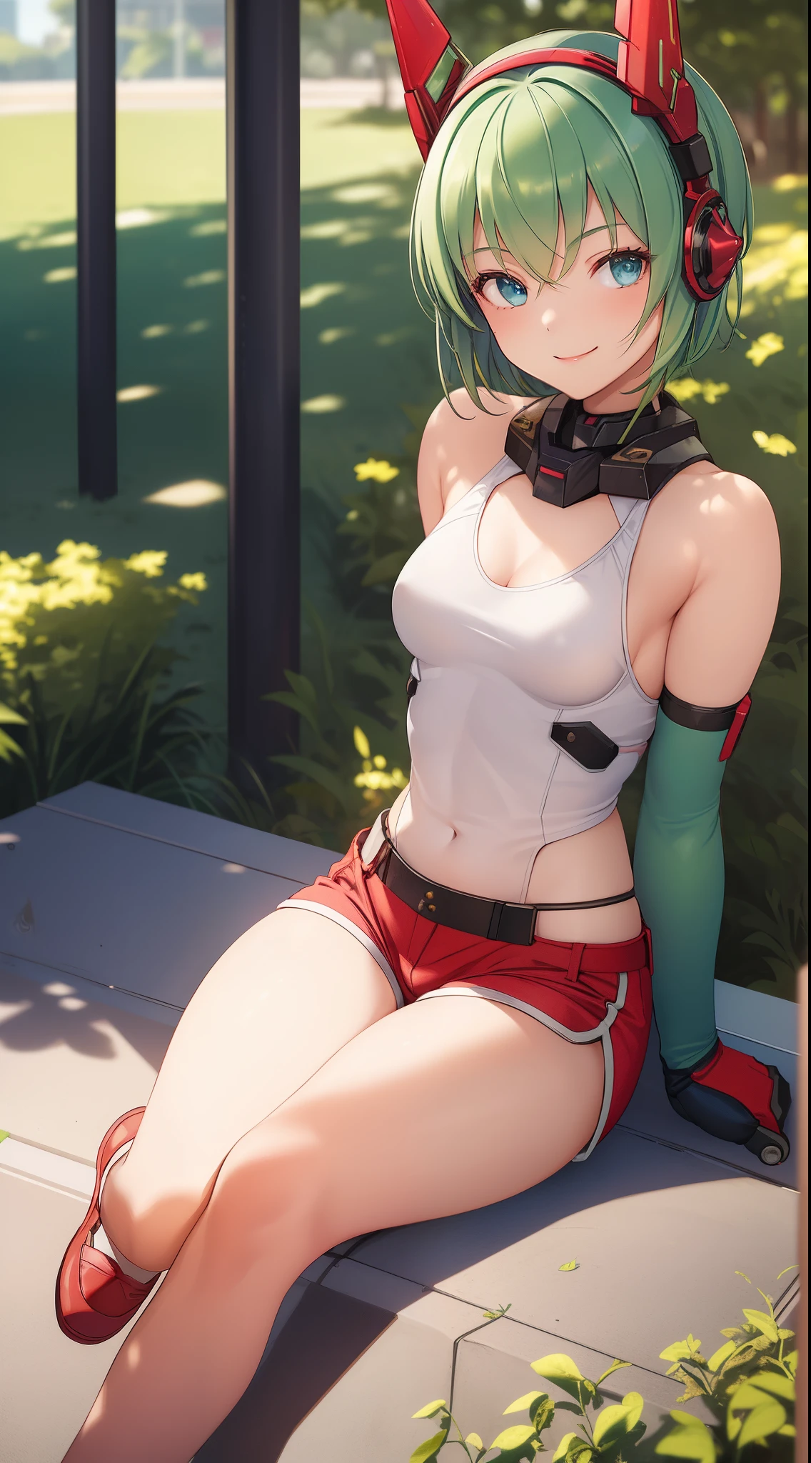 1 girl, ************, mecha headgear, short hair, green hair, blue eyes, shine in the eyes, small breasts, red tank top, demin shorts, elbow gloves, cute girl, smiling, realistic, red shoes, in the park, full body in frame, sitting in a bench, beautiful girl