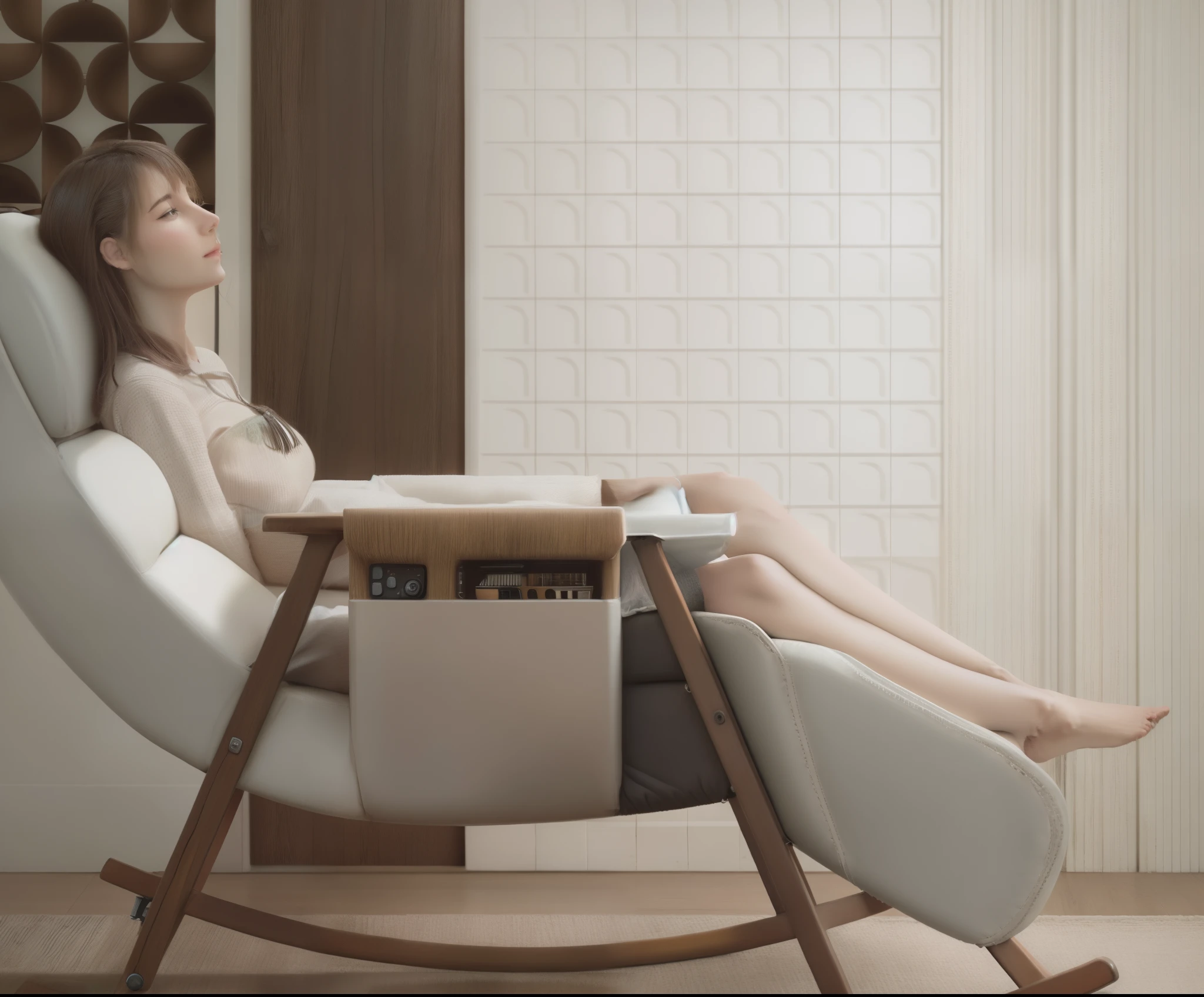 There is a woman sitting in a rocking chair,Hold the remote control, in a comfortable chair, sitting on a rocking chair, 3D product rendering, sitting on a rocking chair, relaxing on a modern couch, with retro sci fi furniture, Product design renderings, comfortable chair, horizontal, curved furniture, Product renderings, futuristic furniture, portrait shooting, incredible reality, angle view