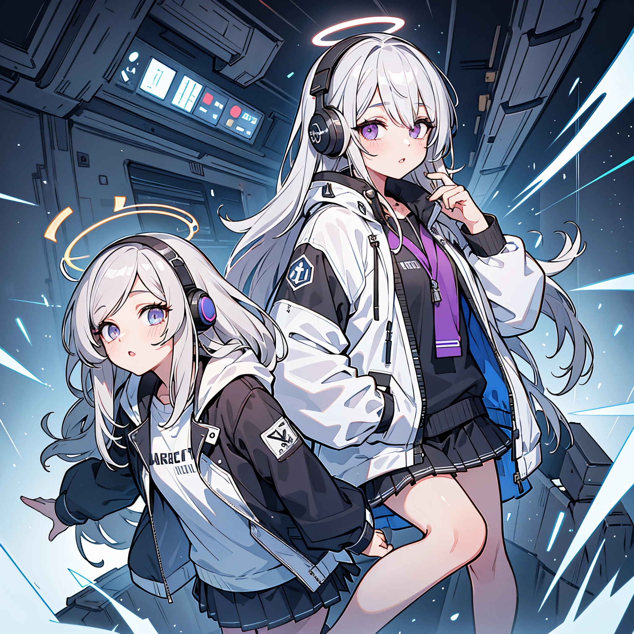 best quality, highres, ultra-detailed, realistic:1.37, detailed eyes, detailed lips, long eyelashes, oc, full-body, wearing headphones, black and white windbreaker, messy long gray hair, pleated skirt, purple left eye, golden right eye, halo above the head, azure archives artistic style