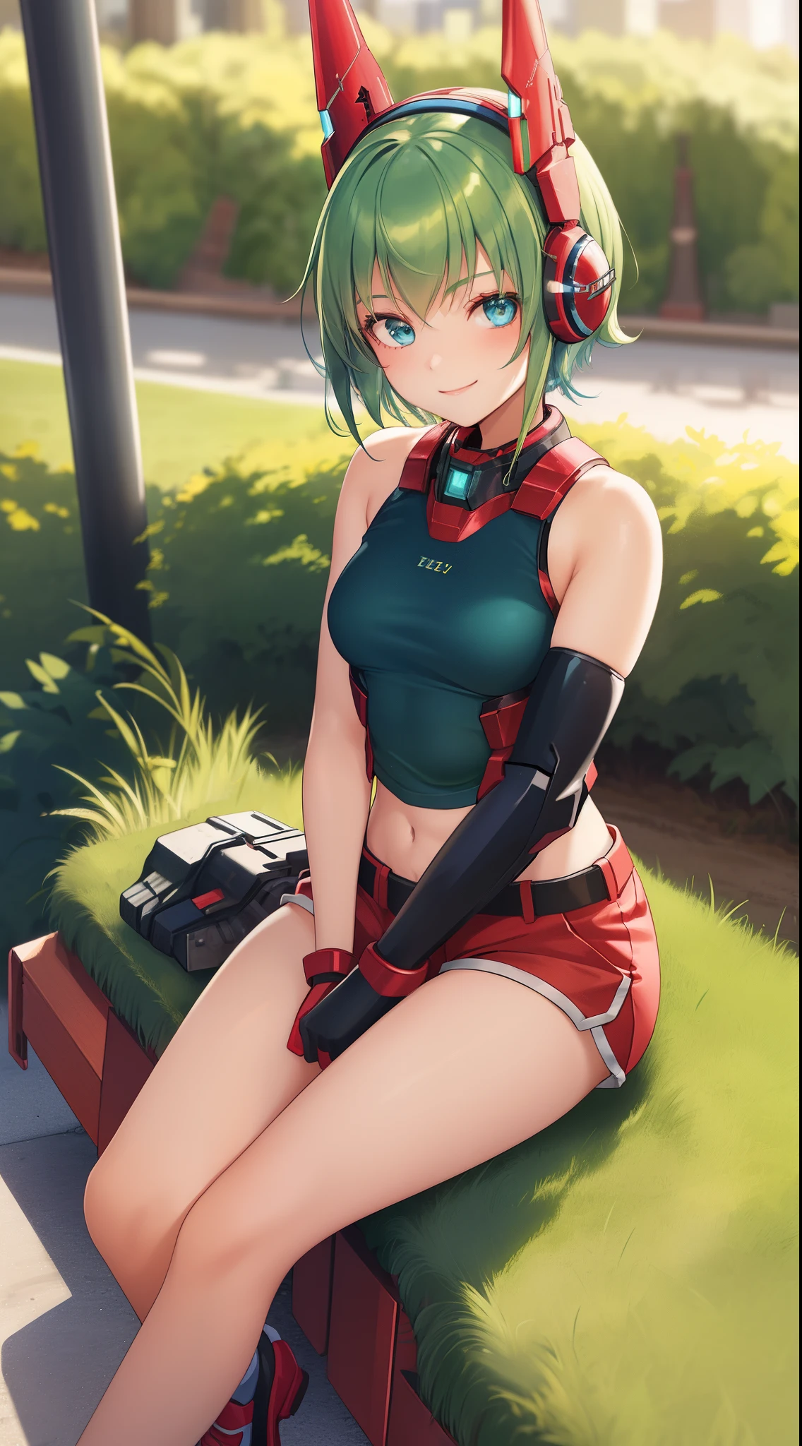 1 girl, ************, mecha headgear, short hair, green hair, blue eyes, shine in the eyes, small breasts, red tank top, demin shorts, elbow gloves, cute girl, smiling, realistic, red shoes, in the park, full body in frame, sitting in a bench, beautiful girl