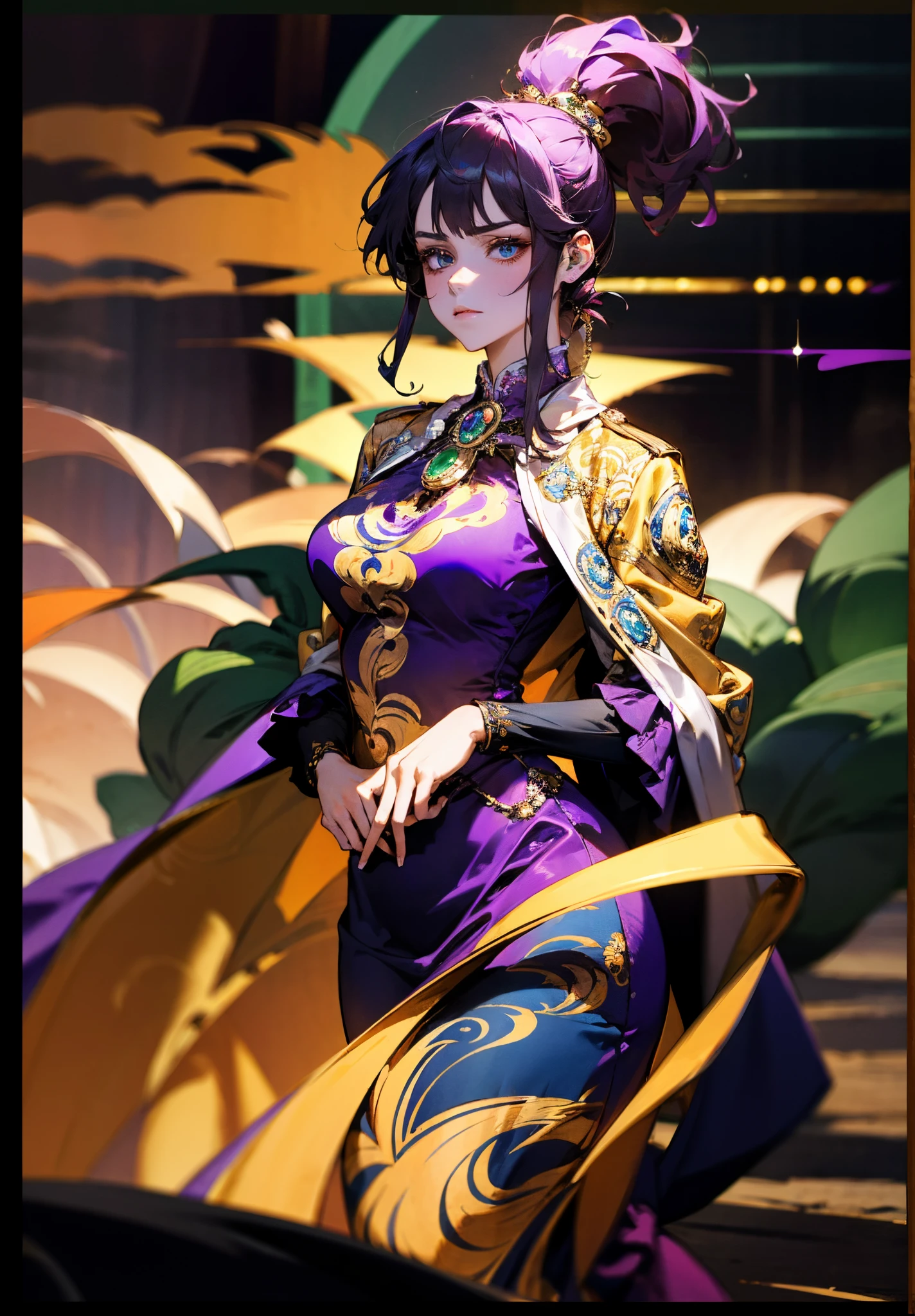 A beautiful young woman, long blue-purple hair, long bangs, ponytail, sharp gaze, a serious expression, a slender and athletic figure, a fantasy martial arts-style two-piece outfit, a fitted qipao-style long skirt, a blue-purple long cloak that almost covers her entire body, adorning her chest is an exquisite jade decorative brooch, purple mist swirls around her, a mysterious atmosphere, this character embodies a finely crafted fantasy martial arts-style female warrior in anime style, exquisite and mature manga art style, high definition, best quality, highres, ultra-detailed, ultra-fine painting, extremely delicate, professional, anatomically correct, symmetrical face, extremely detailed eyes and face, high quality eyes, creativity, RAW photo, UHD, 8k, Natural light, cinematic lighting, masterpiece-anatomy-perfect, masterpiece:1.5