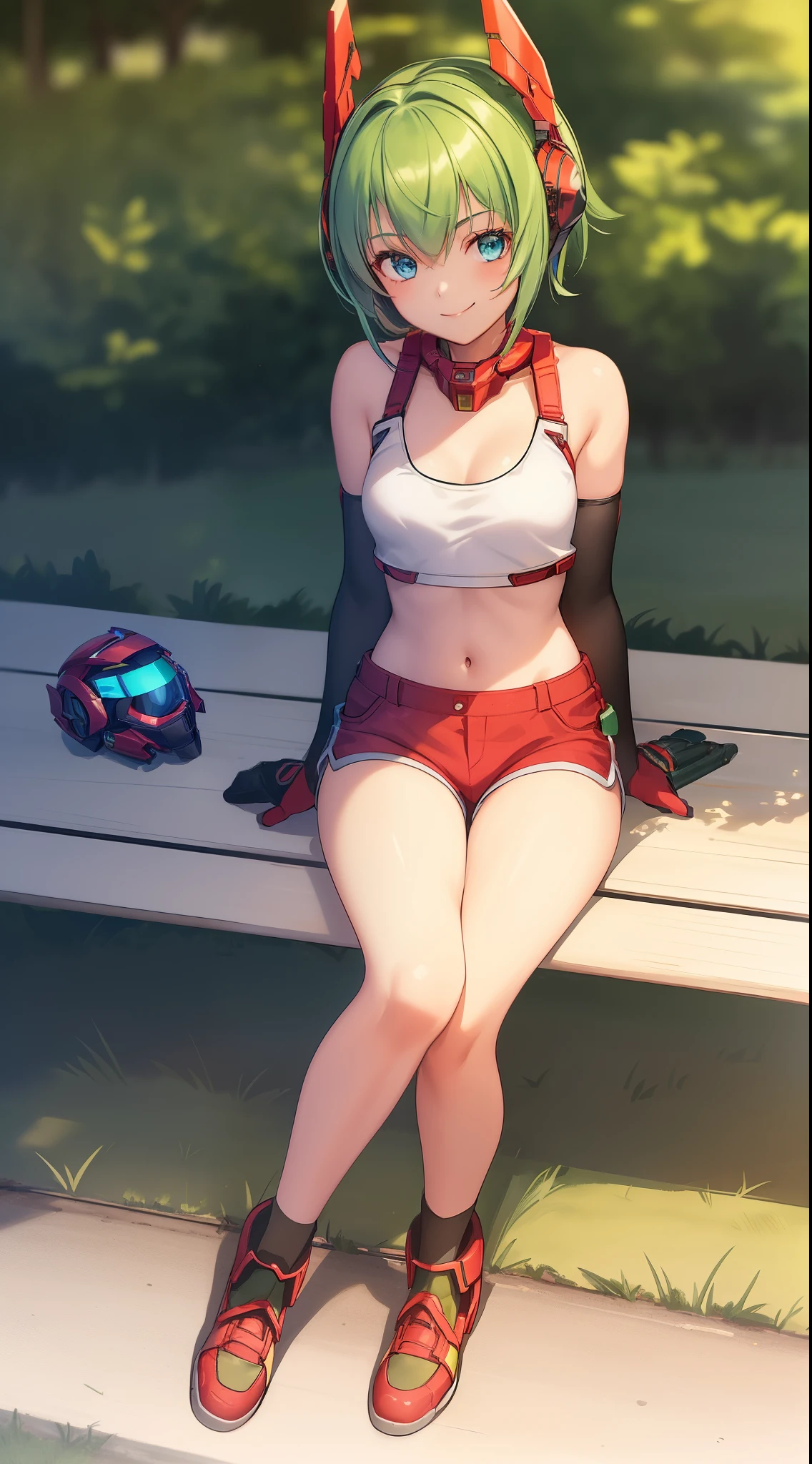 1 girl, ************, mecha headgear, short hair, green hair, blue eyes, shine in the eyes, small breasts, red tank top, demin shorts, elbow gloves, cute girl, smiling, realistic, red shoes, in the park, full body in frame, sitting in a bench, beautiful girl