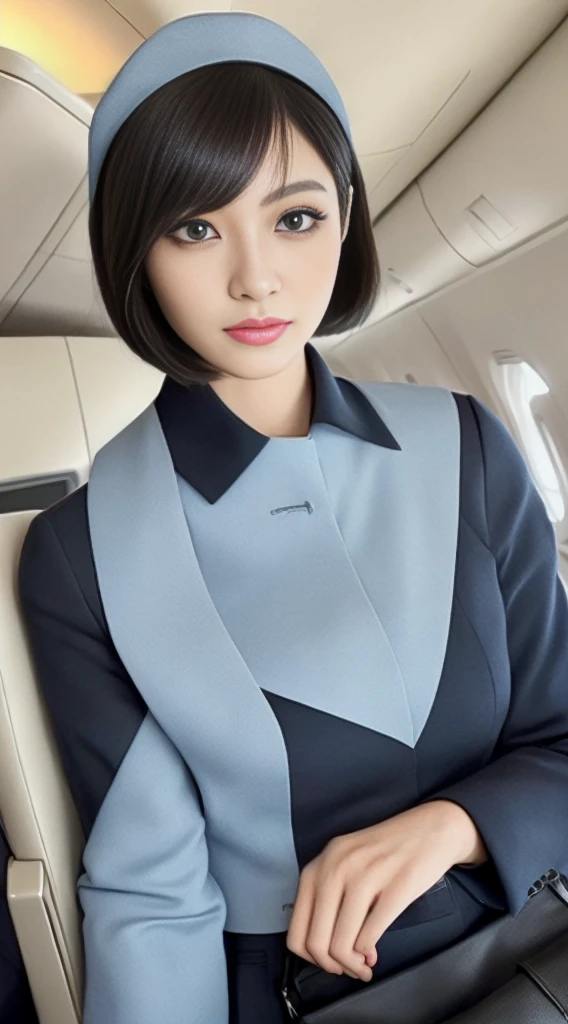 1Japanese woman, Solo, 30 years, hyperdetailed face, Detailed lips, A detailed eye, Double Eyelid, (Black bob hair, Like an airplane stewardess, Do a good job), (Like an airplane stewardess:1.2), (Do a good job:1.2), (Stewardess uniform:1.2), (wear the stewardess cap:1.2), (modest:1.2), Perfect image realism, Background with: (Business Class aisle on airplanes:1.2), Meticulous background, detailed costume, Perfect litthing, Hyper-Realism, (Photorealsitic:1.4), 8K maximum resolution, (masterpiece), highly detailed, Professional