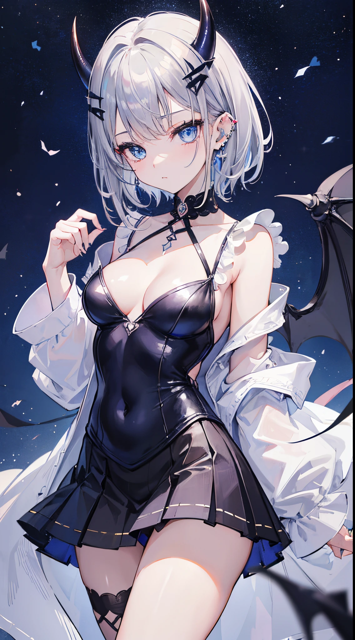 (8K、Top image quality、top-quality、masterpiece)、1 girl in、Dark silver hair、short hair devil horns、blue eyess、Pointed ears、piercings、Moderately breasts、leotard、mini pleated skirt、cowboy shot、natta、background of night view