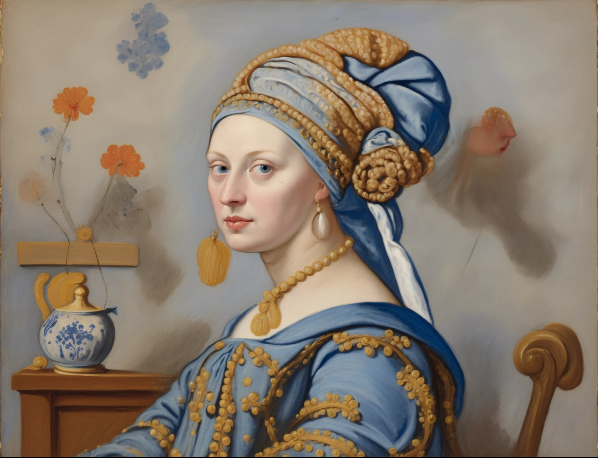 A picture of a woman wearing a blue dress and a blue turban, Inspired by Hendrik Cornelis. Van Vliet, in a high renaissance style, Johannes Vemer, detailed painting 4 k, in a renaissance style, Inspired by Jan Cornelis Vermeyen, in renaissance style, Inspired by Peter Aaltsen, Works inspired by Pieter Cornelis van Slingerand