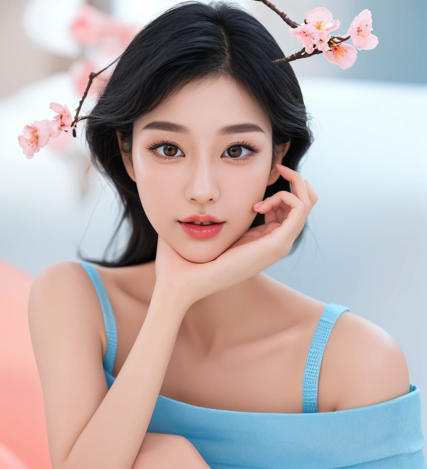 Fashion trendy beautiful and charming woman、Gentle and attractive Korean beautiful woman、Delicate and  collarbone、charming oval face、二重まぶた、shinny skin、Smart peach blossom eyes、beautiful long black upper eyelashes、beautiful long black lower eyelashes、Pink shiny lips、a small nose、bare shoulders​、Black Long Hair、sexy facial expression、Focus on the face、facial close-up、only face、The upper part of the body、The ultra -The high-definition、ultra-detailliert、Black Knit、Perfectly reflects the light blue slit skirt,、Fresh and impressive