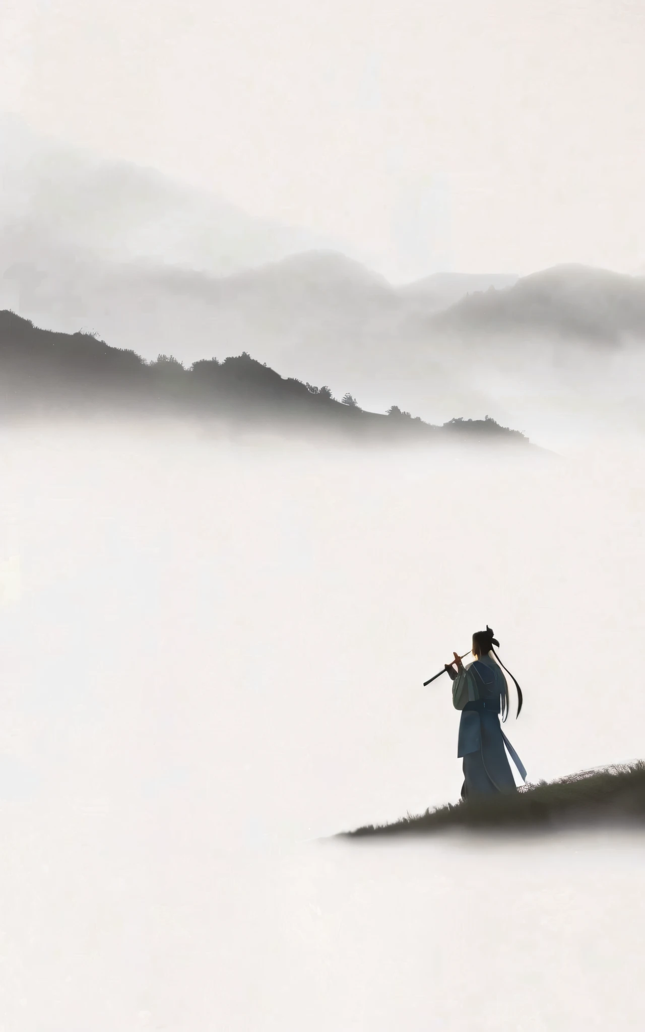 There is a man standing on a hill with a sword, por Shi Rui, por Fu Baoshi, inspirado em Fu Baoshi, Directed by: Qu Leilei, por Wu Zuoren, Directed by: Cheng Jiasui, wuxia, Directed by: Seria Zhe, Directed by: Guan Daosheng, foto muito bonita, Directed by: Li Di, por Wu Daozi