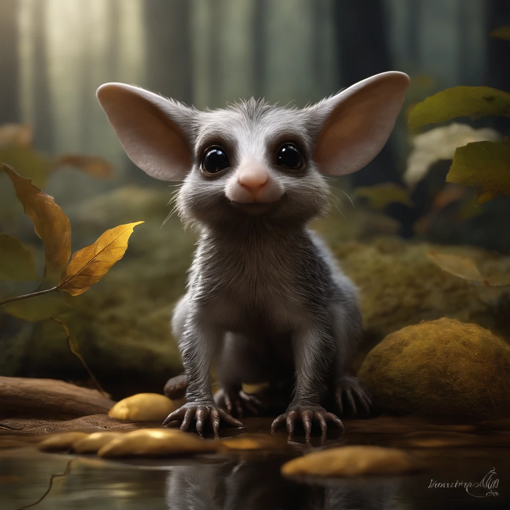 gremlin, mole-like, bright silver and brown, long tail, large ears, covered with silver fur, water, stands on the shore, Best Quality, Masterpiece, in style of dark fantasy art, gremlin, mole-like, holding a huge acorn in his paws, bright silver and brown, long tail, elongated nose,, huge ears, covered with silver fur,tousled, five toes on each paw, holding a huge acorn in his paws, I&#39;m standing in a forest clearing under the foliage of bast., acorns lie in the clearing, acorns glow, Crickets fly, Best Quality, Masterpiece, in style of dark fantasy art, fantasy-inspired, in the style of John Tolkien,  (CBZBB:1.25), ((gremlin),Zhkute, Small, baby, Beautiful, Fantasy art, deviant art, trending artstation, Digital Art, Detailed, Realistic, humanoid, character, tiny, Cinematic shot, cinematic portrait of a mole,  naturalist, huge oak roots, entrance to the hole, Fireflies,