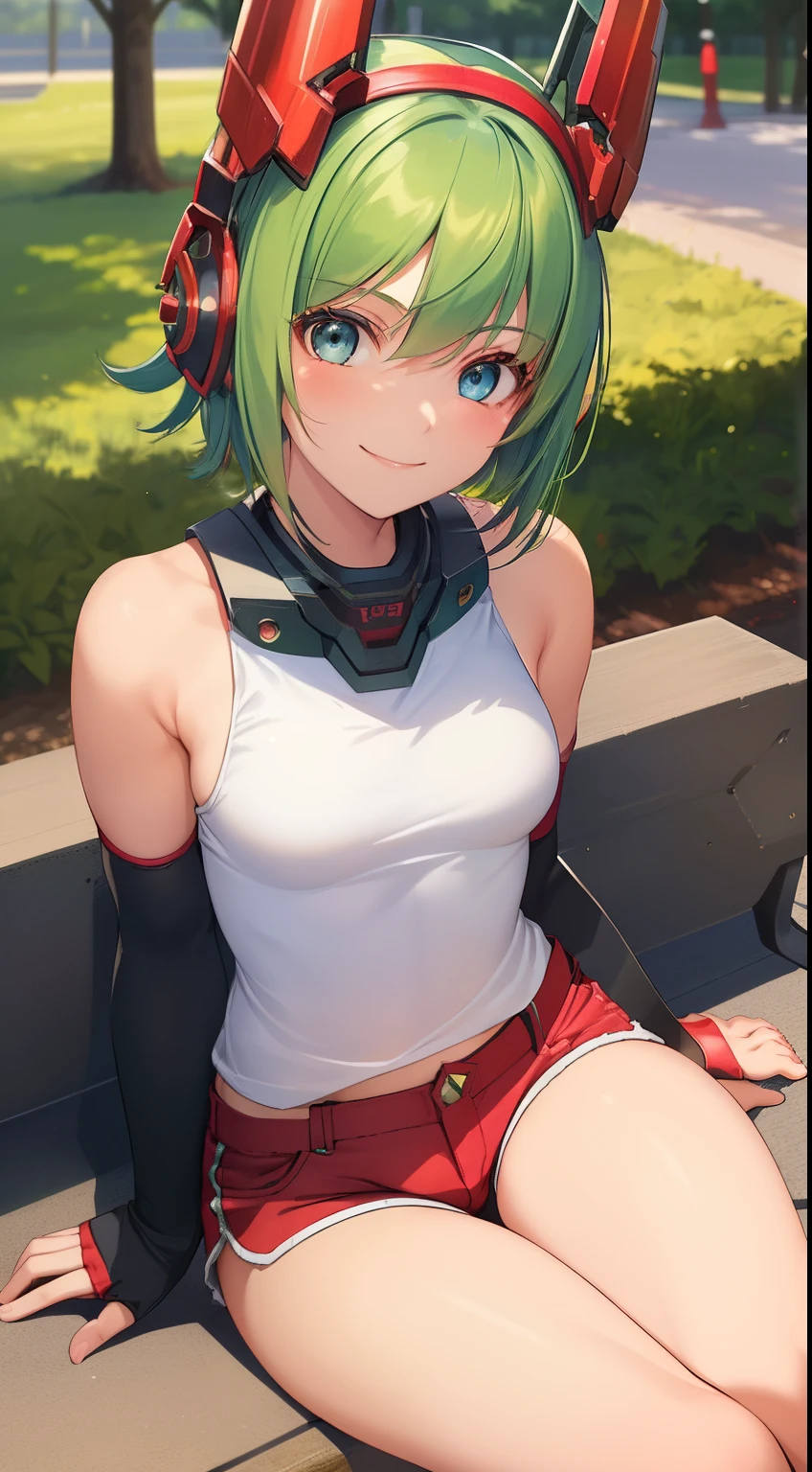 1 girl, ************, mecha headgear, short hair, green hair, blue eyes, shine in the eyes, small breasts, red tank top, demin shorts, elbow gloves, cute girl, smiling, realistic, red shoes, in the park, full body in frame, sitting in a bench, beautiful girl