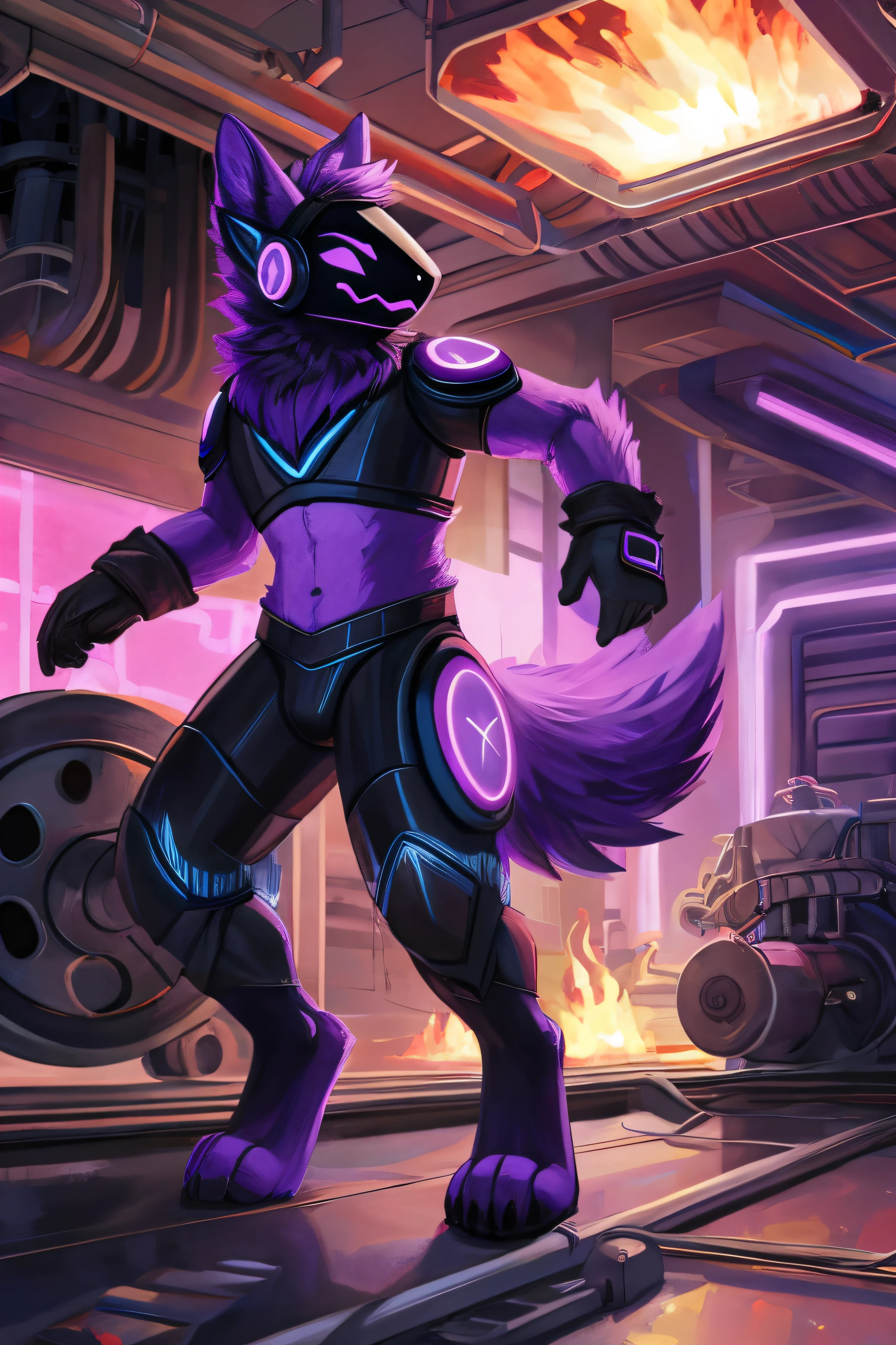 Protogen, furry art, masterpiece, great , black fur, neon purple body details, detailed background, fluffy tail, male, engine room, failing machinery, solo, engine driver outfit, detailed illumination, explosions, fire, worried expression