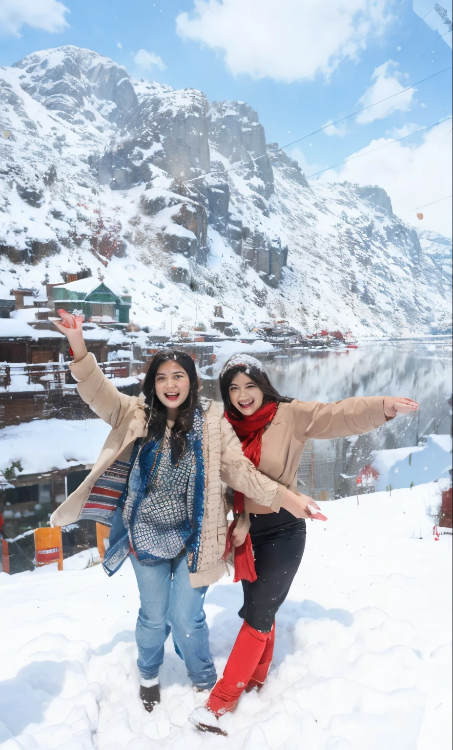 Two girls wearing red saree, having fun in snowing, tea glass in hand realistic face, 3D quality, high-quality