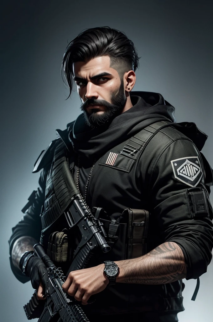 personagem barbudo cabelo degrade jogador de call of duty com arma na mao