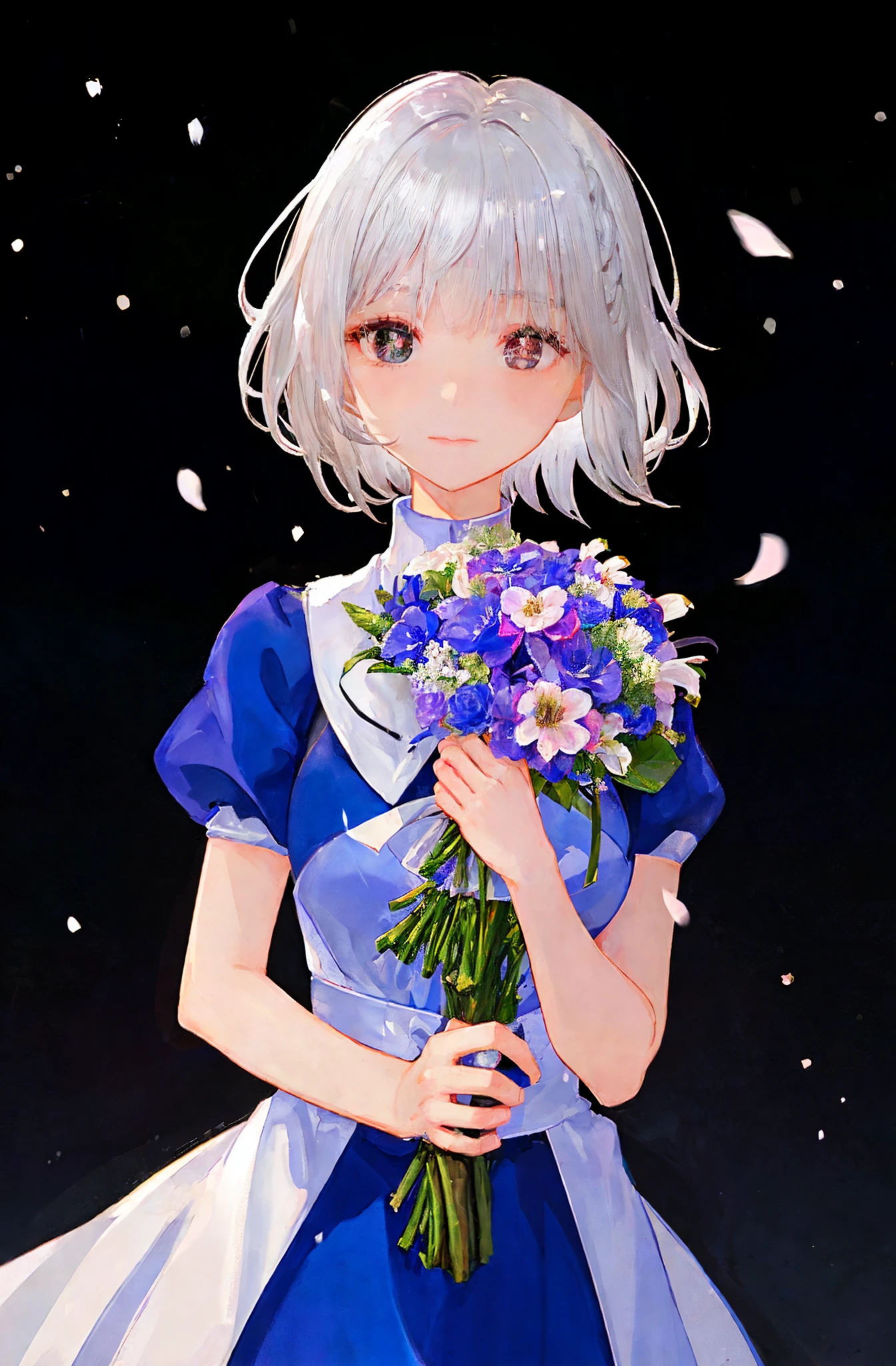 A woman is holding a bouquet of flowers in her hands., Her (Silver hair, Short hair:1.3) flowers on hair, flower storm portrait, With frozen flowers around her, low-key lighting, queen of flowers, Flowers that cover the snow,Red pupils