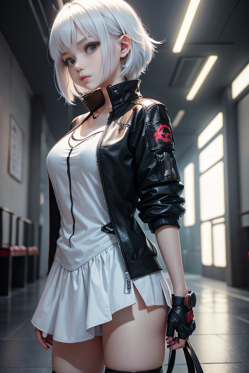 Cute Girl，long eyelasher，beautiful and delicate eyes，Russians，extra very short hair，white color hair，Martial artist，dishevled hair，sci-fi style，cyberpunk clothes，Final Fantasy style，Symphony 2.5D，Half body bust