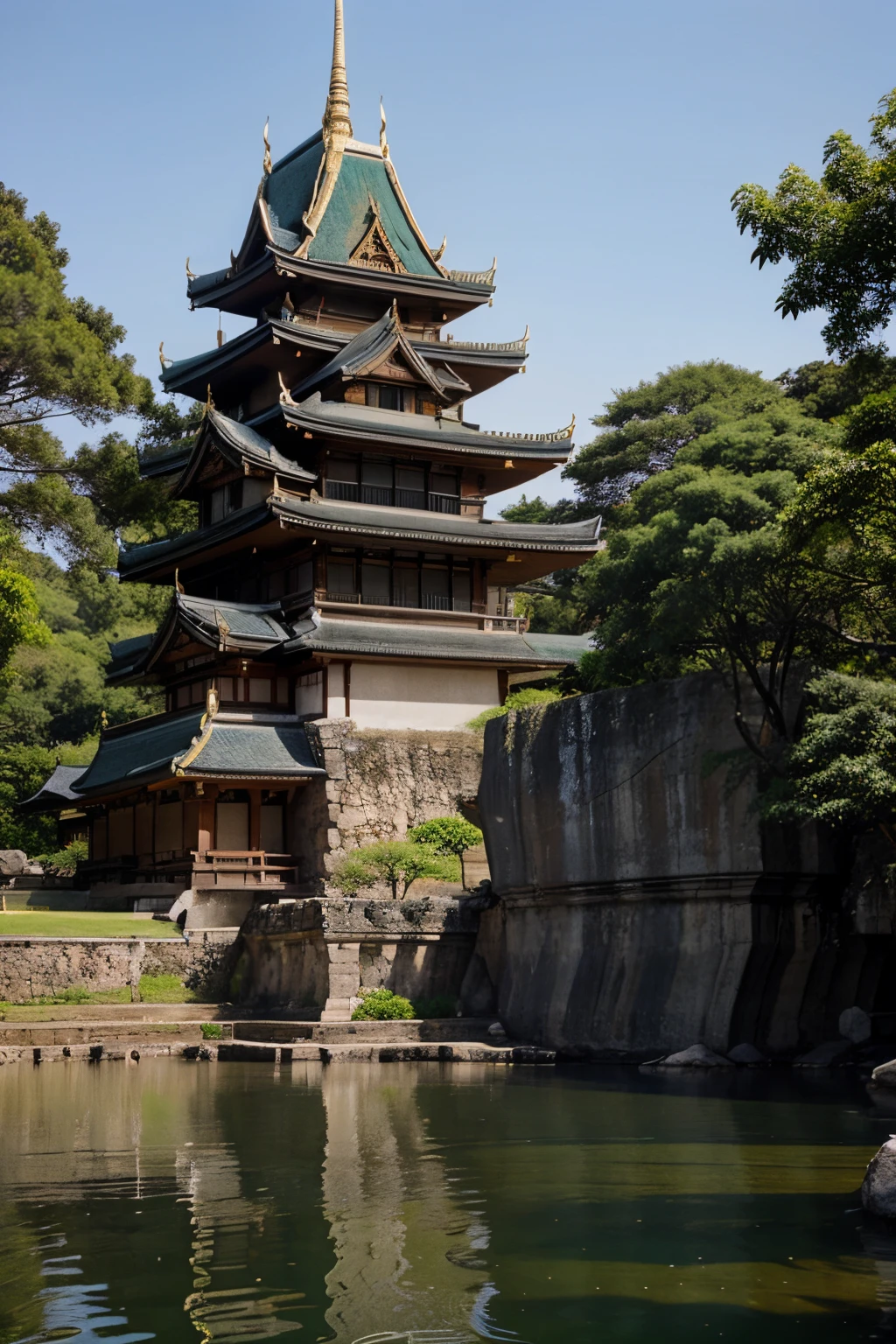 A castle that combines Thai and Japanese architecture. The base of the castle is made of stone.