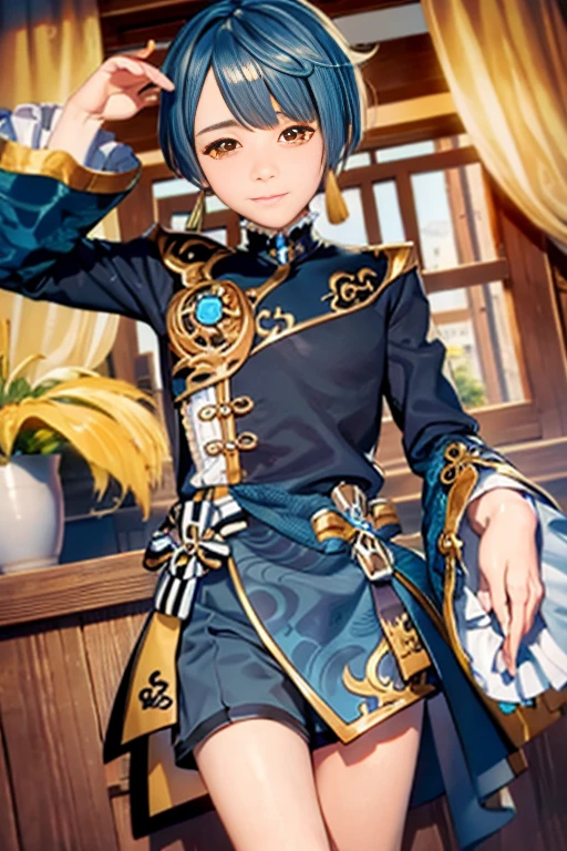 masterpiece, best quality,xingqiu (genshin impact), 1boy, male focus, solo, jewelry, blue hair, earrings, frilled sleeves, yellow eyes, single earring, frills, looking at viewer, long sleeves, water, bangs, tassel earrings, tassel,(kbxll:0.6)