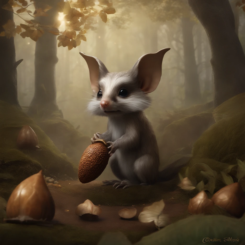 gremlin, mole-like, bright silver and brown, long tail, large ears, covered with silver fur, water, stands on the shore, Best Quality, Masterpiece, in style of dark fantasy art, gremlin, mole-like, holding a huge acorn in his paws, bright silver and brown, long tail, elongated nose,,, huge ears, covered with silver fur,tousled, five toes on each paw, holding a huge acorn in his paws, I'm standing in a forest clearing under the foliage of bast., acorns lie in the clearing, acorns glow, Crickets fly, Best Quality, Masterpiece, in style of dark fantasy art, fantasy-inspired, in the style of John Tolkien, (CBZBB:1.25), ((gremlin),Zhkute, Small, baby, Beautiful, Fantasy art, deviant art, trending artstation, Digital Art, Detailed, Realistic, humanoid, character, tiny, Cinematic shot, cinematic portrait of a mole, naturalist, huge oak roots, entrance to the pit, Fireflies, paw detailing, Finger detailing,