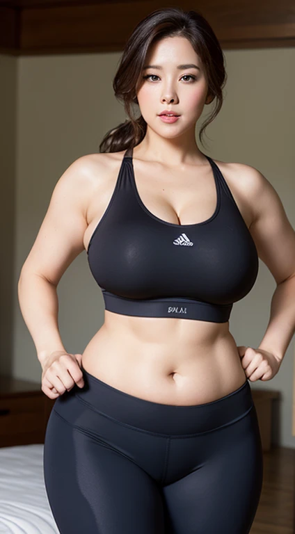 sexy bbw mature woman, beautiful face, big breasts, sexy big ass, sexy thighs, tall body, wearing a sports bra, wearing transparent sports leggings