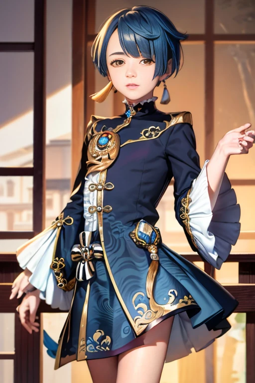 masterpiece, best quality,xingqiu (genshin impact), 1boy, male focus, solo, jewelry, blue hair, earrings, frilled sleeves, yellow eyes, single earring, frills, looking at viewer, long sleeves, water, bangs, tassel earrings, tassel,(kbxll:0.6)