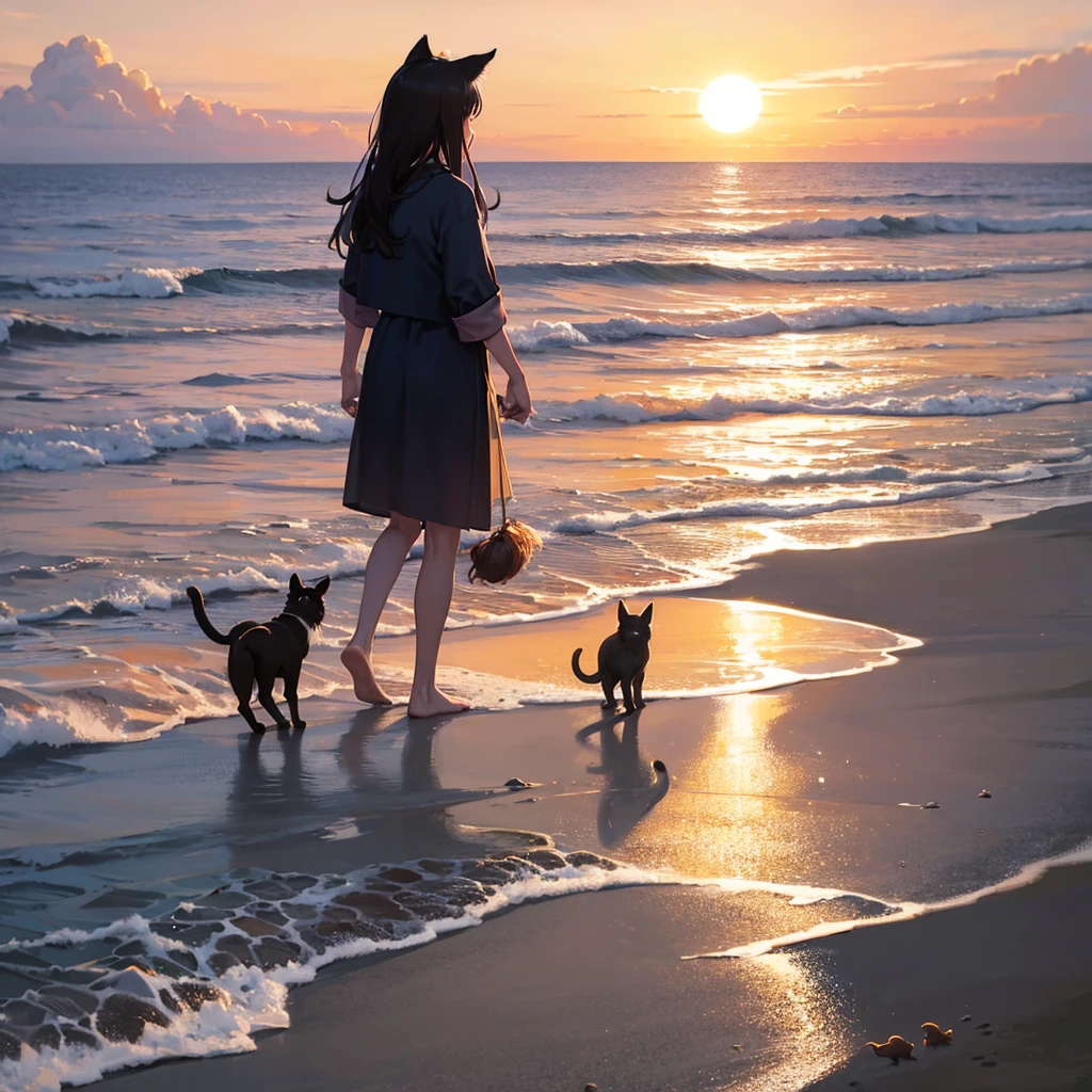one cat and a dog walking on the edge of the beach on a sunset, as the sun sets at dawn, while the birds go into the distance. open plan