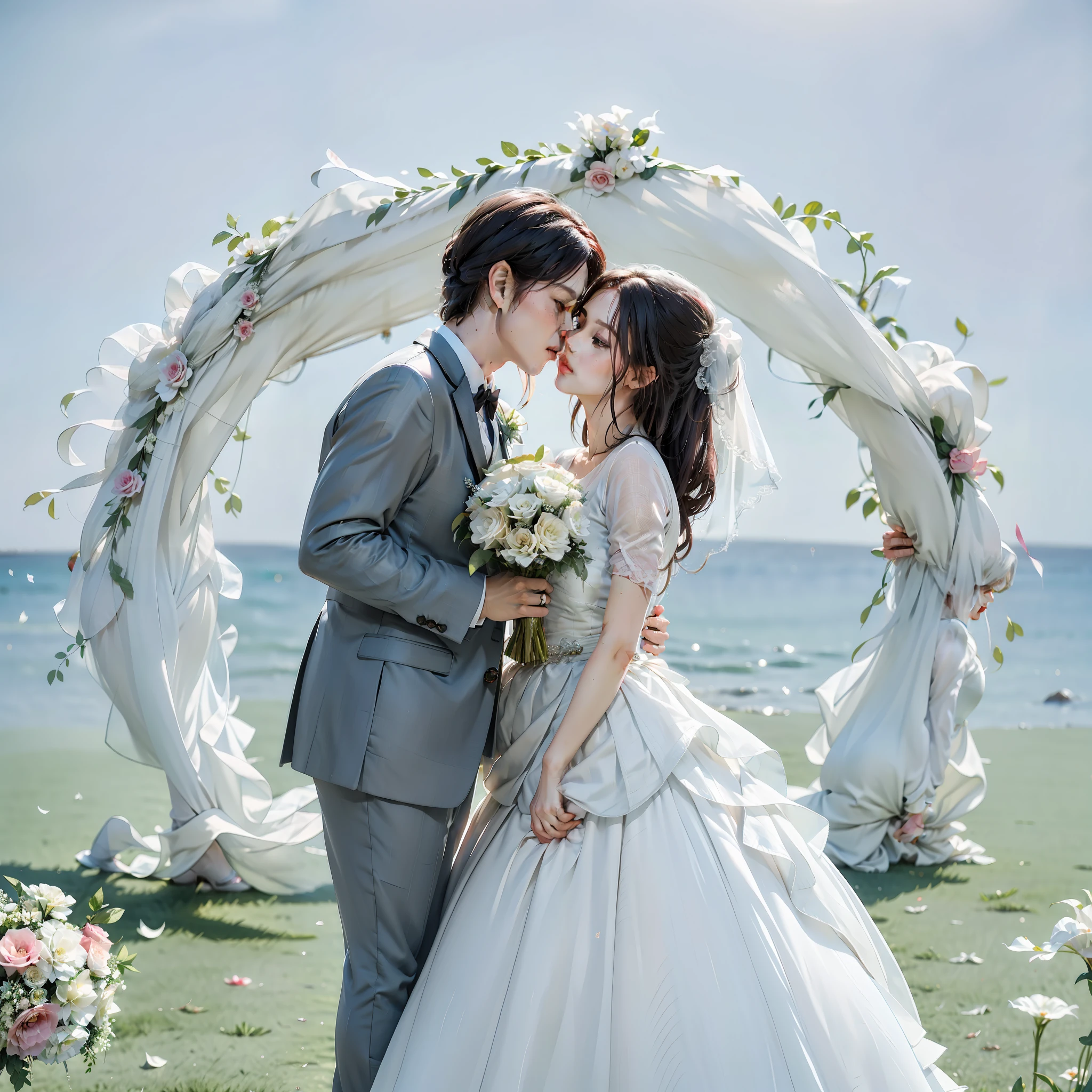 Bride and groom kissing in front of flower arch, wedding photo, Background with, Romantic, luxurious wedding, kissing together cutely, Weddings, Shot with Canon EOA 6 D Mark II, couple kissing, trailer, lovely kiss, professional wedding photography, 🤬 🤮 💕 🎀, 𝓡𝓸𝓶𝓪𝓷𝓽𝓲𝓬, wedding photography, kisses, behind the scenes, cute couple, jia