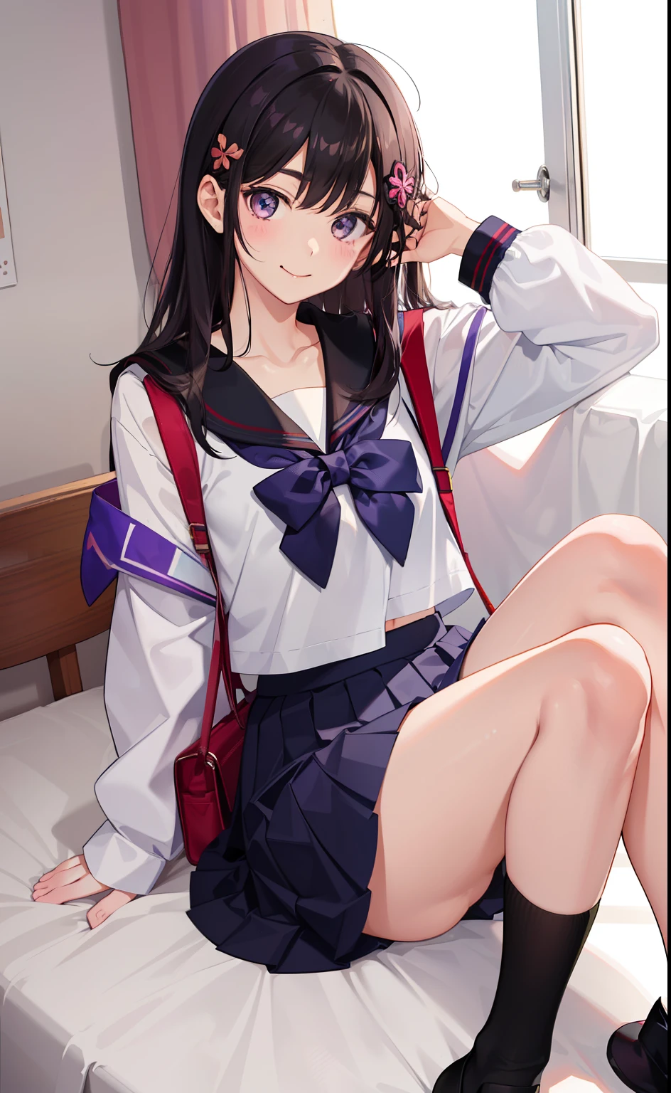 1girl in、A smile、The shirt、skirt by the、Light in the eyes、（highlight in eyes）Wink、（small tits）Chilarism、Japan High School Student Uniform、serafuku、summer clothing、（Portrait from the knee up）、