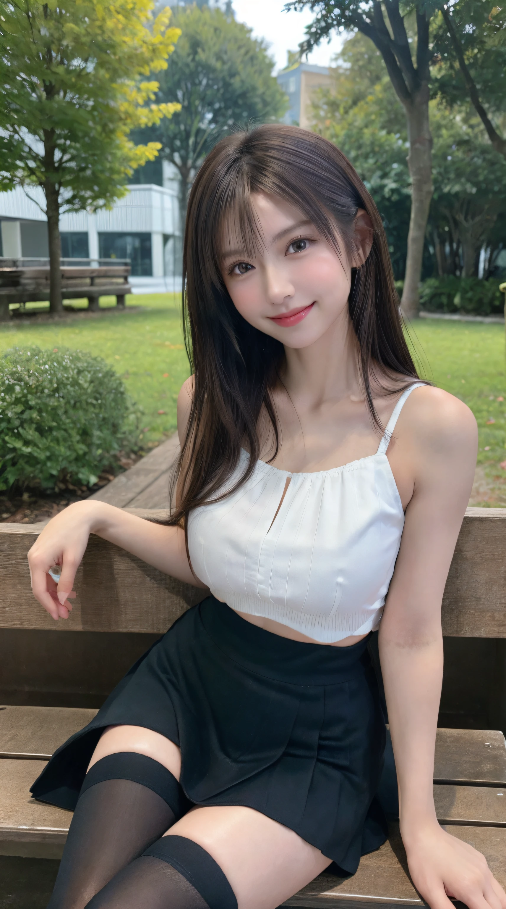 (Best Quality, masutepiece, Ultra HD: 1.3, High brightness, High color saturation), 1girl in, （middlebreasts）, light brown hair, Asymmetrical hair, straight haired, Long hair, （ slender body shape, Constricted waist）, （Ultra Fine Face）, Delicate lips, （beautidful eyes）, thin blush, eyes are brown, perfect glossy skin, View here, Smiling smile, （ hide one's hands）, （Sitting on a bench）, （thin and long legs, Thighs and toes:2.0), See-through white blouse, （Black enamel mini skirt*1.5）, （Black stockings）, (a japanese girl, hposing Gravure Idol), Broad-leaved forest, 135 mm, Fuji Film