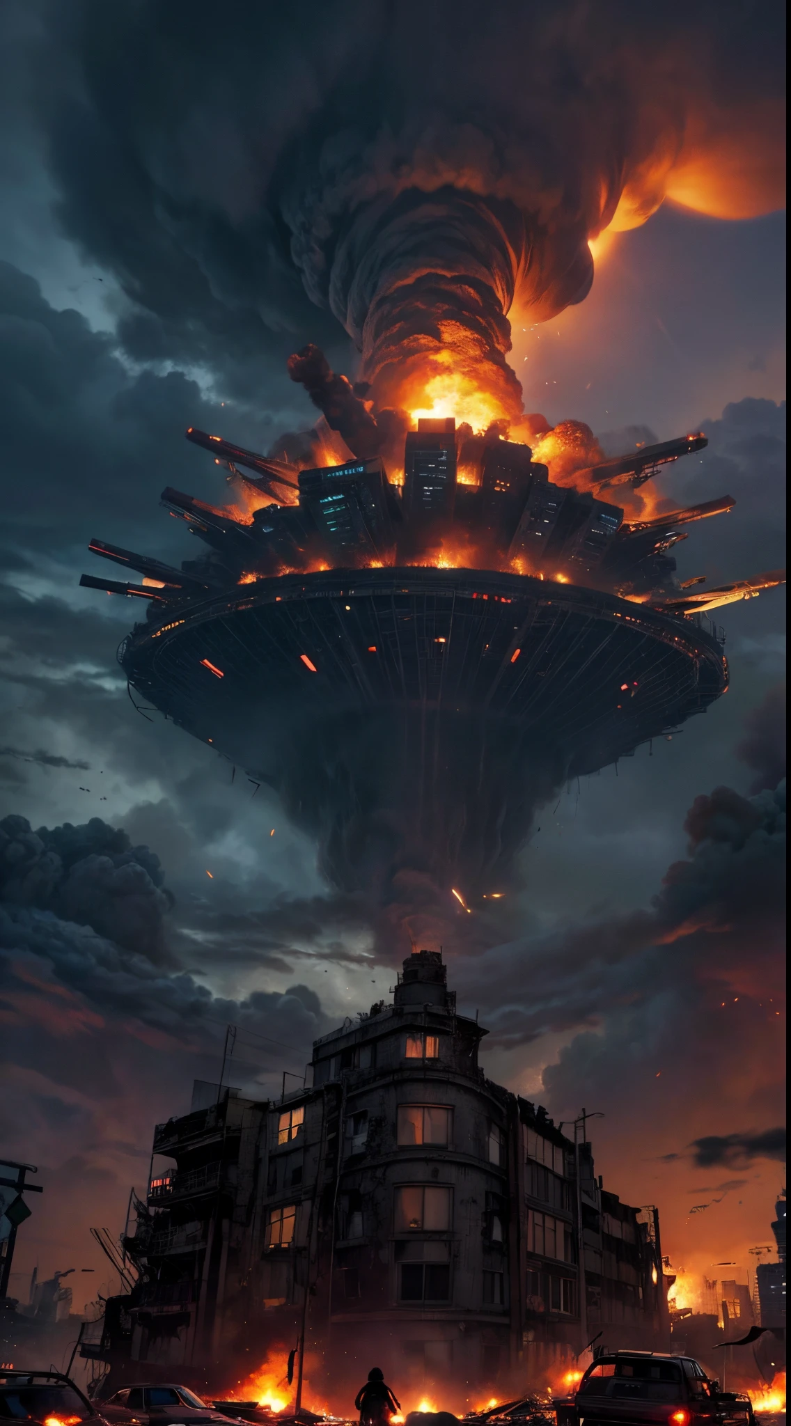 (epic) 1 rapariga, apocalypse background (bomb exploded city) behind them (disturb, blasts, Sateen)