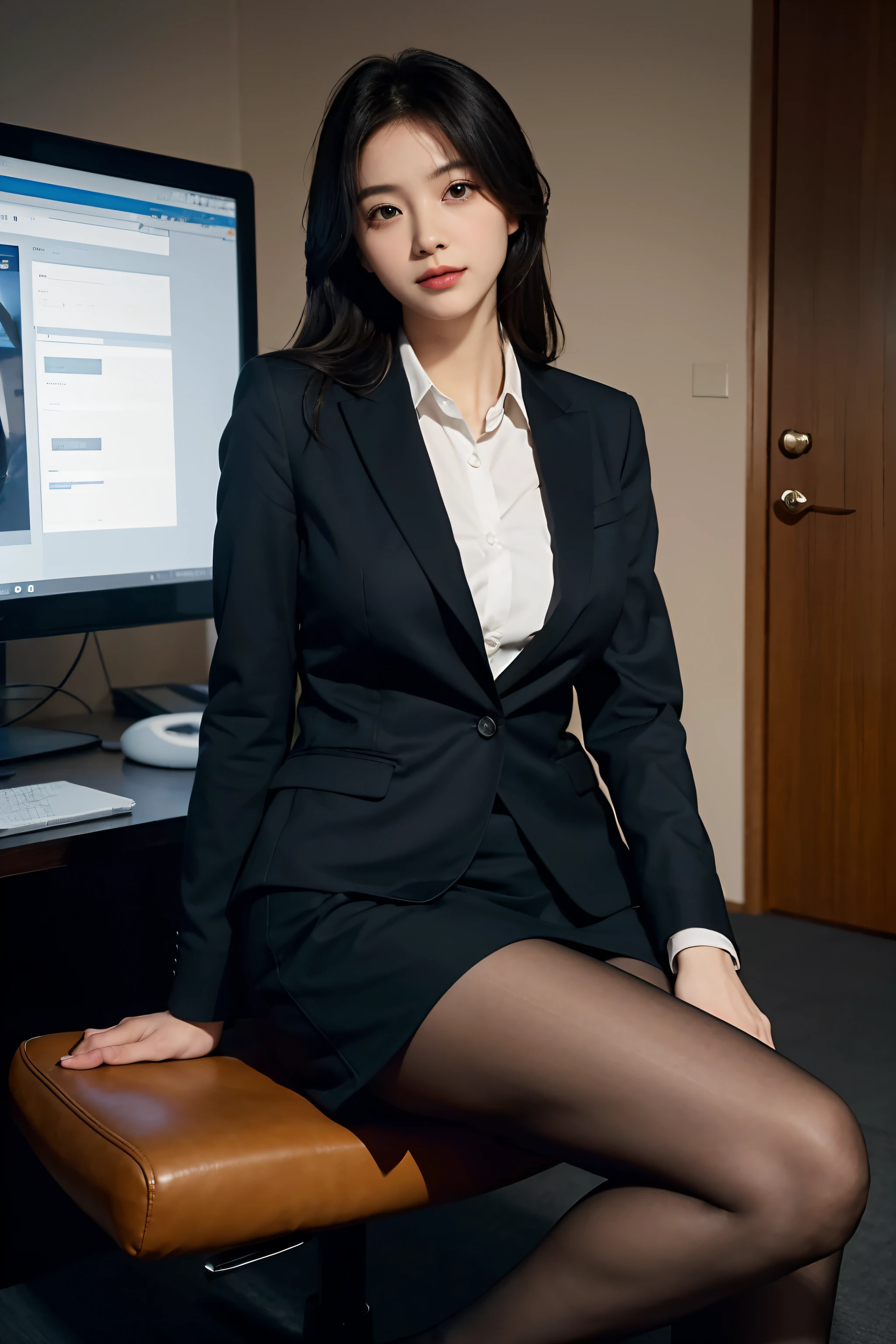 (On the table), ((Best quality at best)), (On the table,Best quality at best,offcial art,Extremely detailed CG unity 8k wallpaper), , Beauty photo, maam，Alone,Elegant upper class elite secretary in business shirt,the perfect appearance，Double eyelid eyes，Delicatemakeup， working in an office,Wearing a smart business suit, Wear pantyhose,Wear high-end high heels,Girl in shirt, dressed in a suit, Colossal tits,FULL-BODY ESBIAN,dressed in a suit, dressed in a suit, merchant, business clothes, wearing black suits, Wear a shirt and skirt, Woman in a suit, Professional Dress，Computer chair，Sit Pose，Erlan legs，high-heels，view the viewer，became brighter，Complicated details，feet focus,from below,